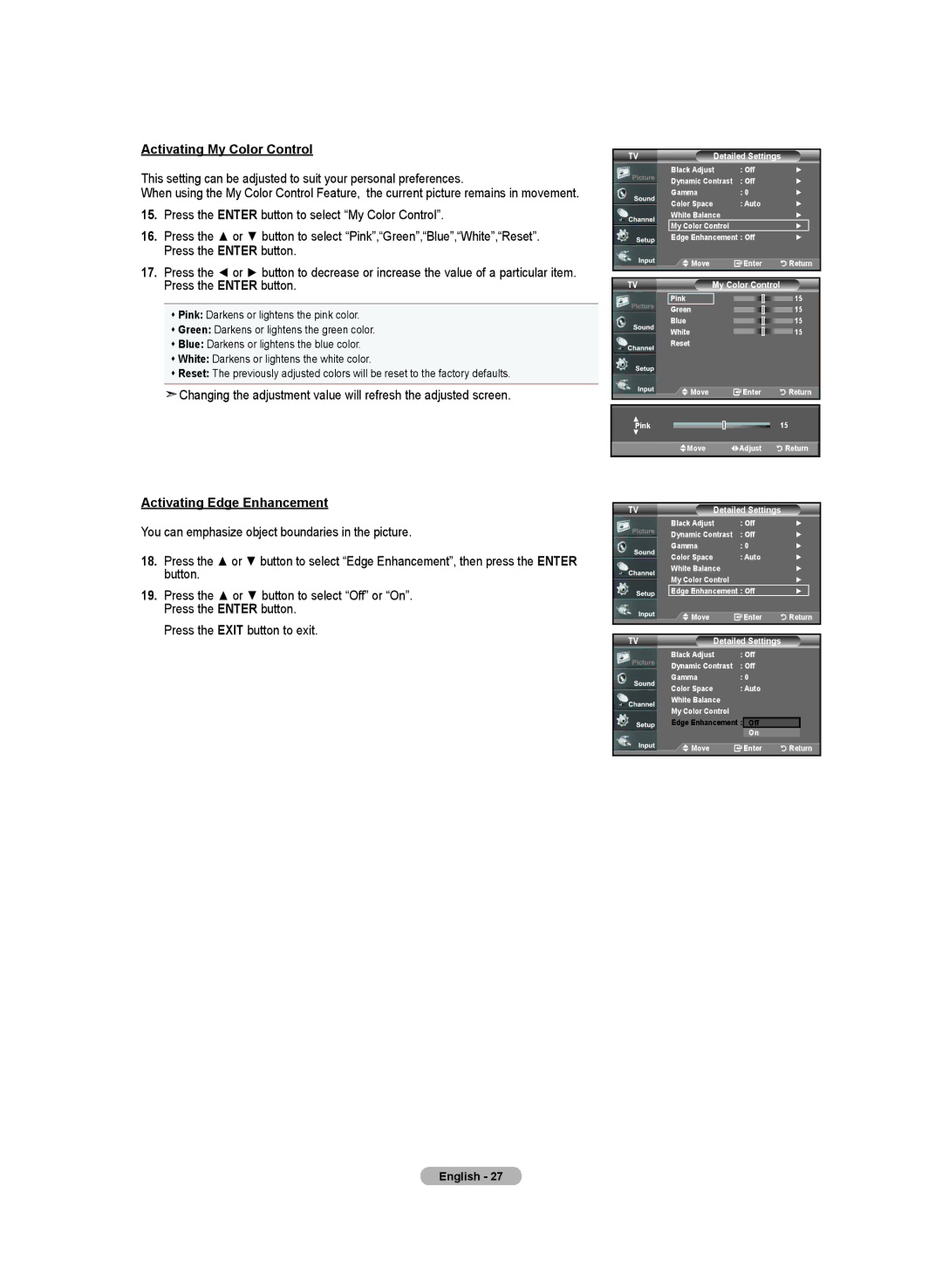 Samsung LN-T2332H, BN68-01250B-00, LN-T4032H, LN-T3732H manual Activating My Color Control, Activating Edge Enhancement 