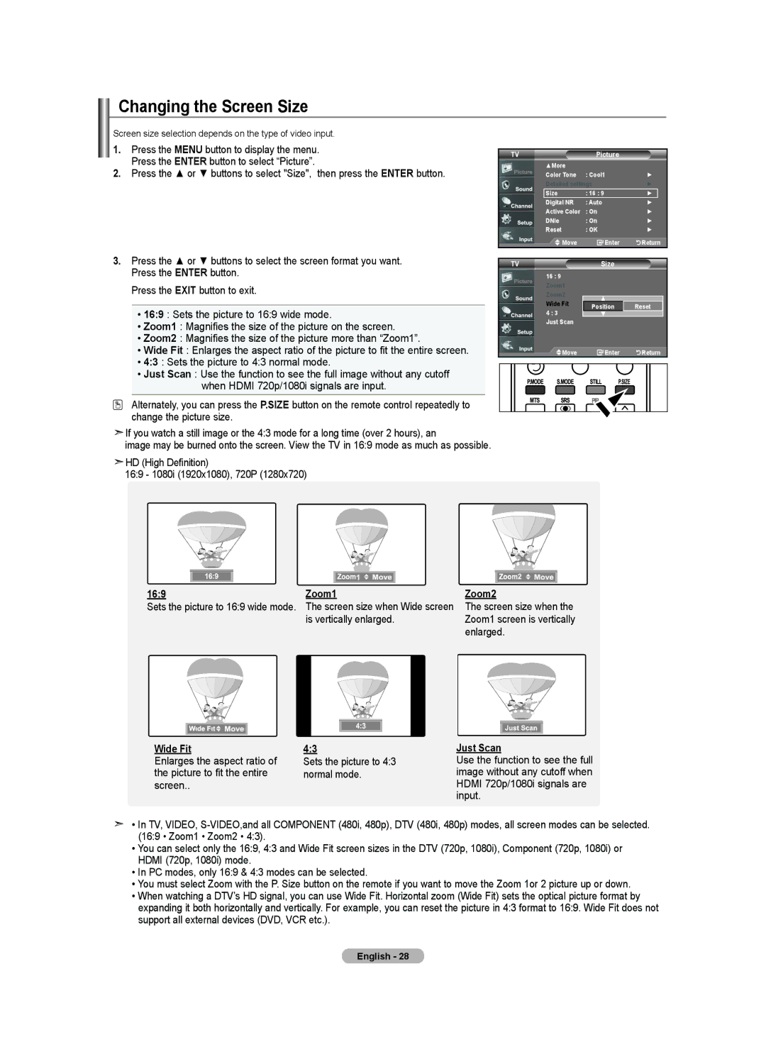 Samsung LN-T4032H, BN68-01250B-00, LN-T2332H, LN-T3732H manual Changing the Screen Size 