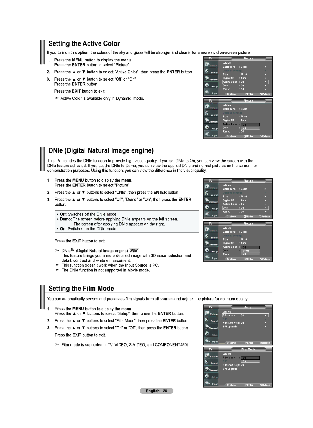 Samsung LN-T3732H, BN68-01250B-00 manual Setting the Active Color, DNIe Digital Natural Image engine, Setting the Film Mode 