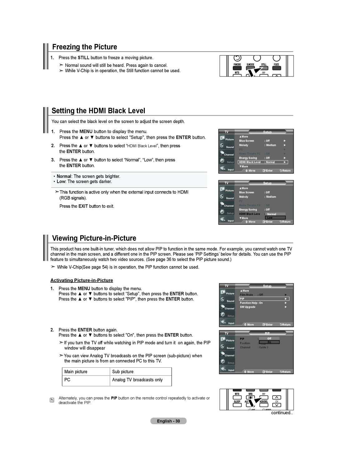 Samsung BN68-01250B-00, LN-T2332H, LN-T4032H Freezing the Picture, Setting the Hdmi Black Level, Viewing Picture-in-Picture 