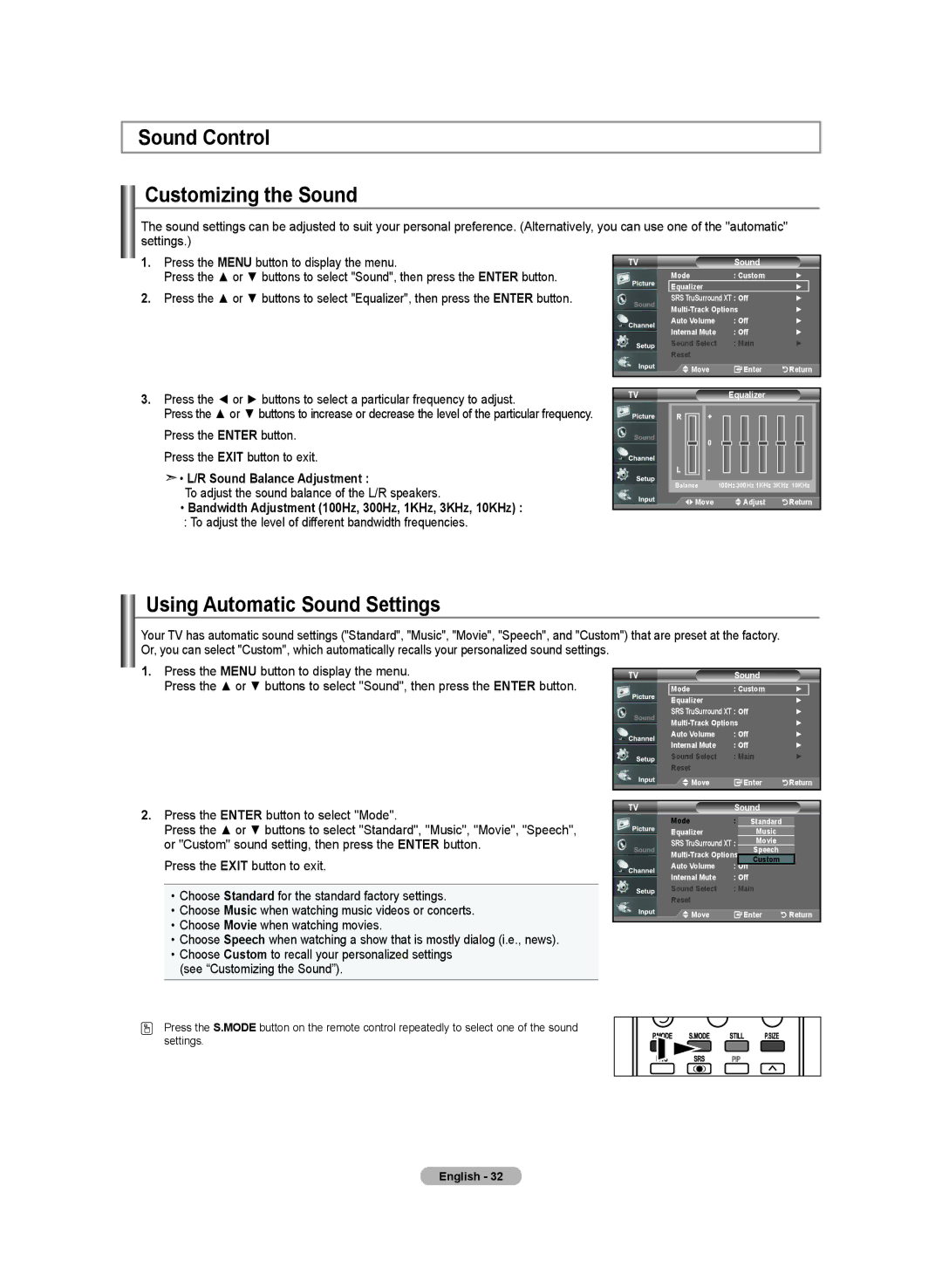 Samsung LN-T4032H, LN-T2332H Sound Control Customizing the Sound, Using Automatic Sound Settings, Sound Balance Adjustment 