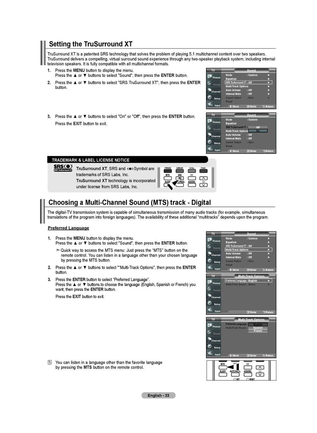 Samsung LN-T3732H manual Setting the TruSurround XT, Choosing a Multi-Channel Sound MTS track Digital, Preferred Language 