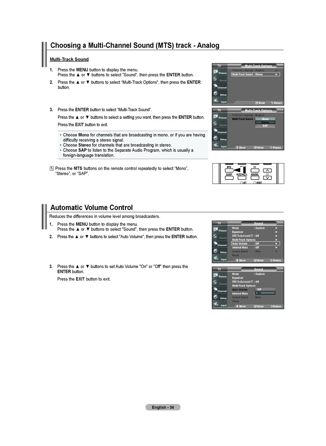 Samsung BN68-01250B-00 manual Choosing a Multi-Channel Sound MTS track Analog, Automatic Volume Control, Multi-Track Sound 