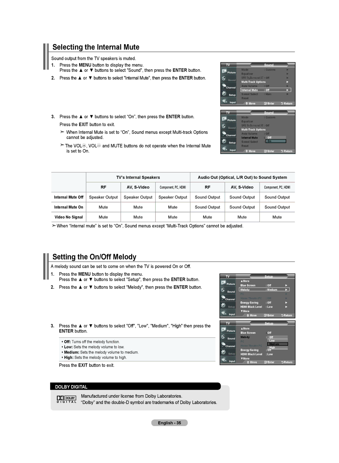 Samsung LN-T2332H, BN68-01250B-00, LN-T4032H, LN-T3732H manual Selecting the Internal Mute, Setting the On/Off Melody 