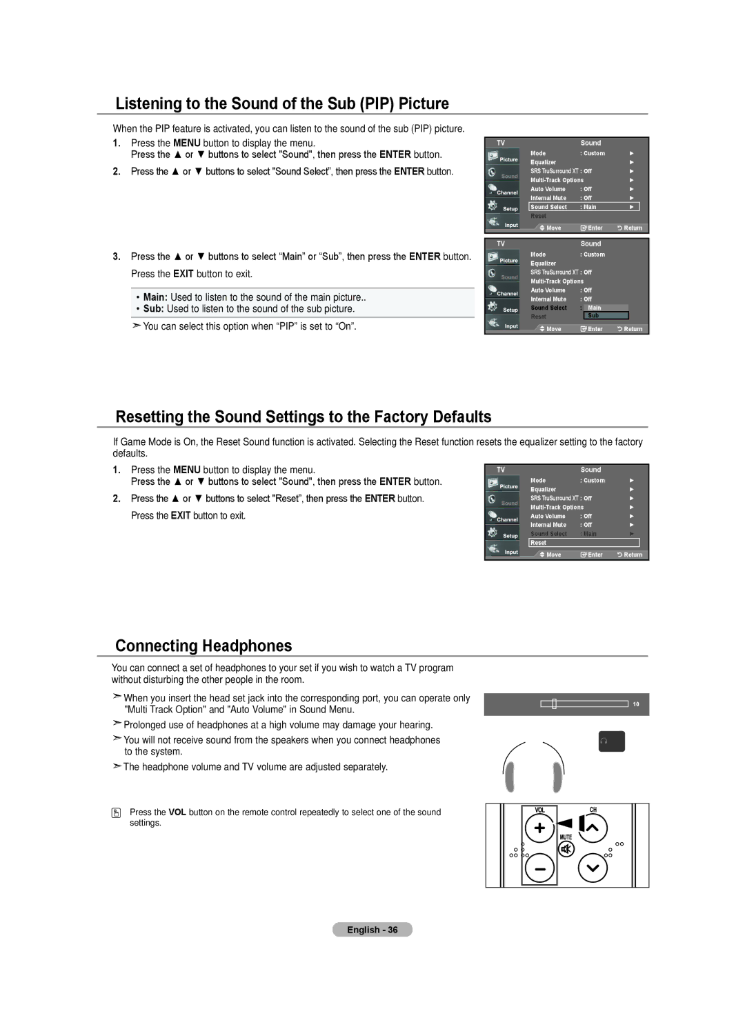 Samsung LN-T4032H Listening to the Sound of the Sub PIP Picture, Resetting the Sound Settings to the Factory Defaults 