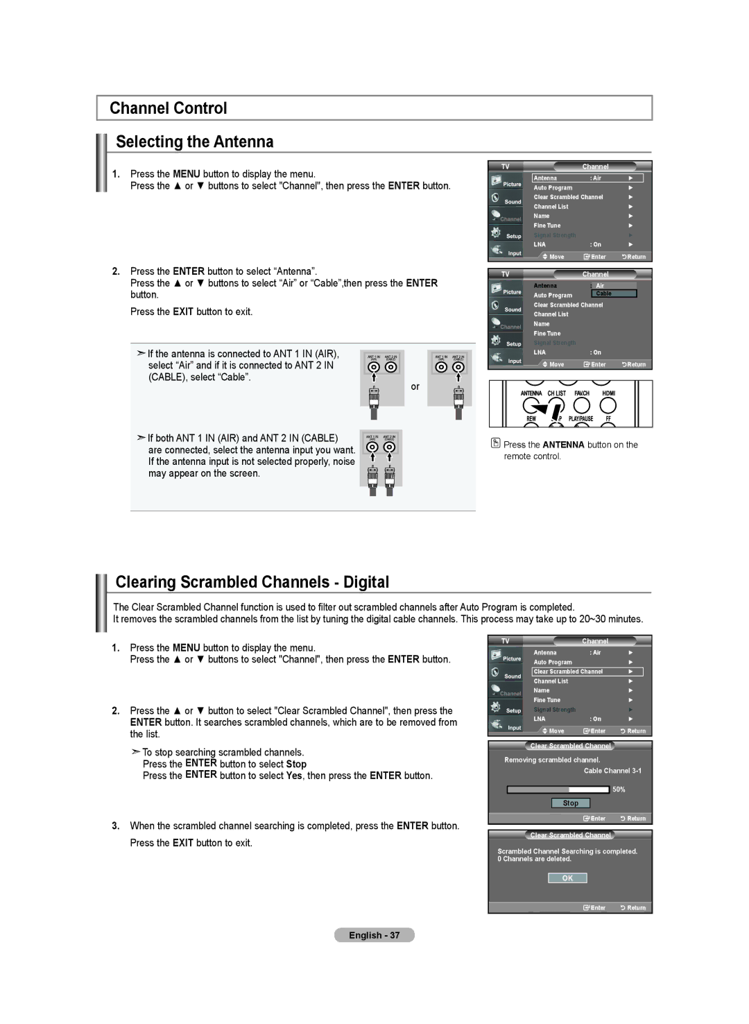 Samsung LN-T3732H Channel Control Selecting the Antenna, Clearing Scrambled Channels Digital, Clear Scrambled Channel, 60% 