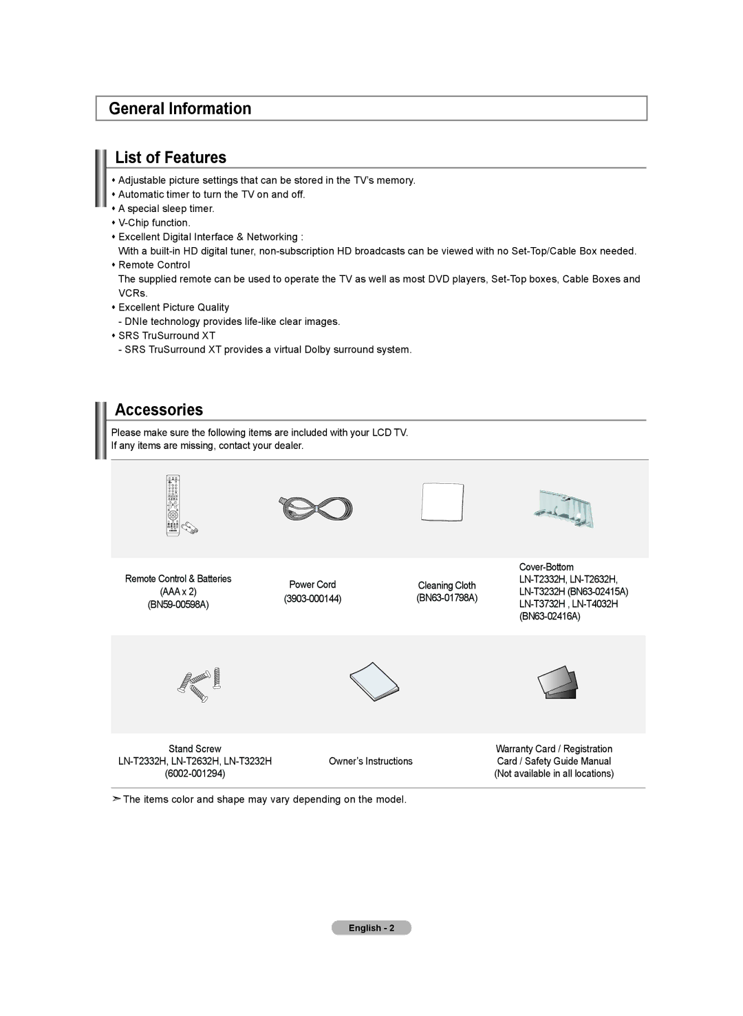 Samsung BN68-01250B-00, LN-T2332H General Information List of Features, Accessories, 3903-000144, Owner’s Instructions 