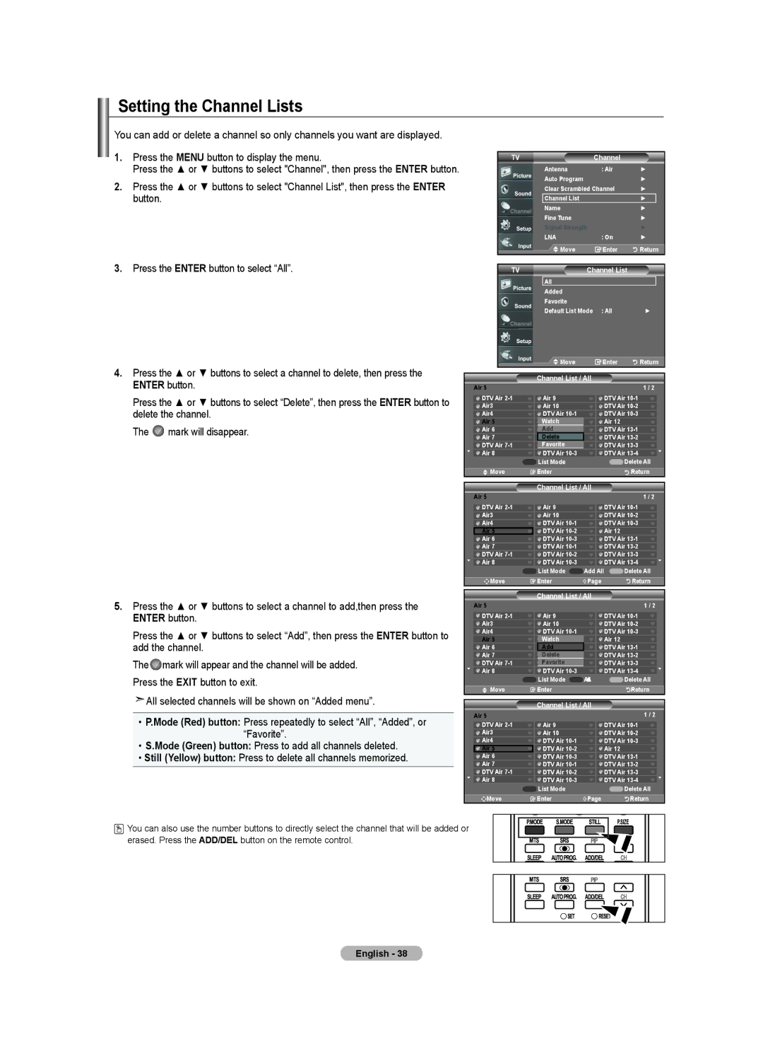 Samsung BN68-01250B-00, LN-T2332H, LN-T4032H Setting the Channel Lists, Press the Menu button to display the menu, Button 