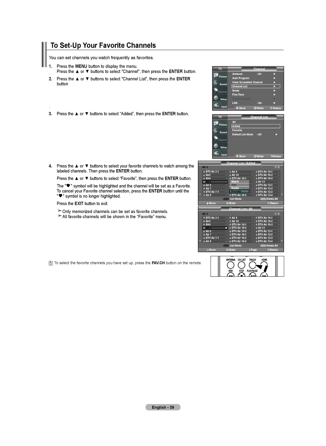 Samsung LN-T2332H, BN68-01250B-00, LN-T4032H, LN-T3732H manual To Set-Up Your Favorite Channels, Channel List / Added 