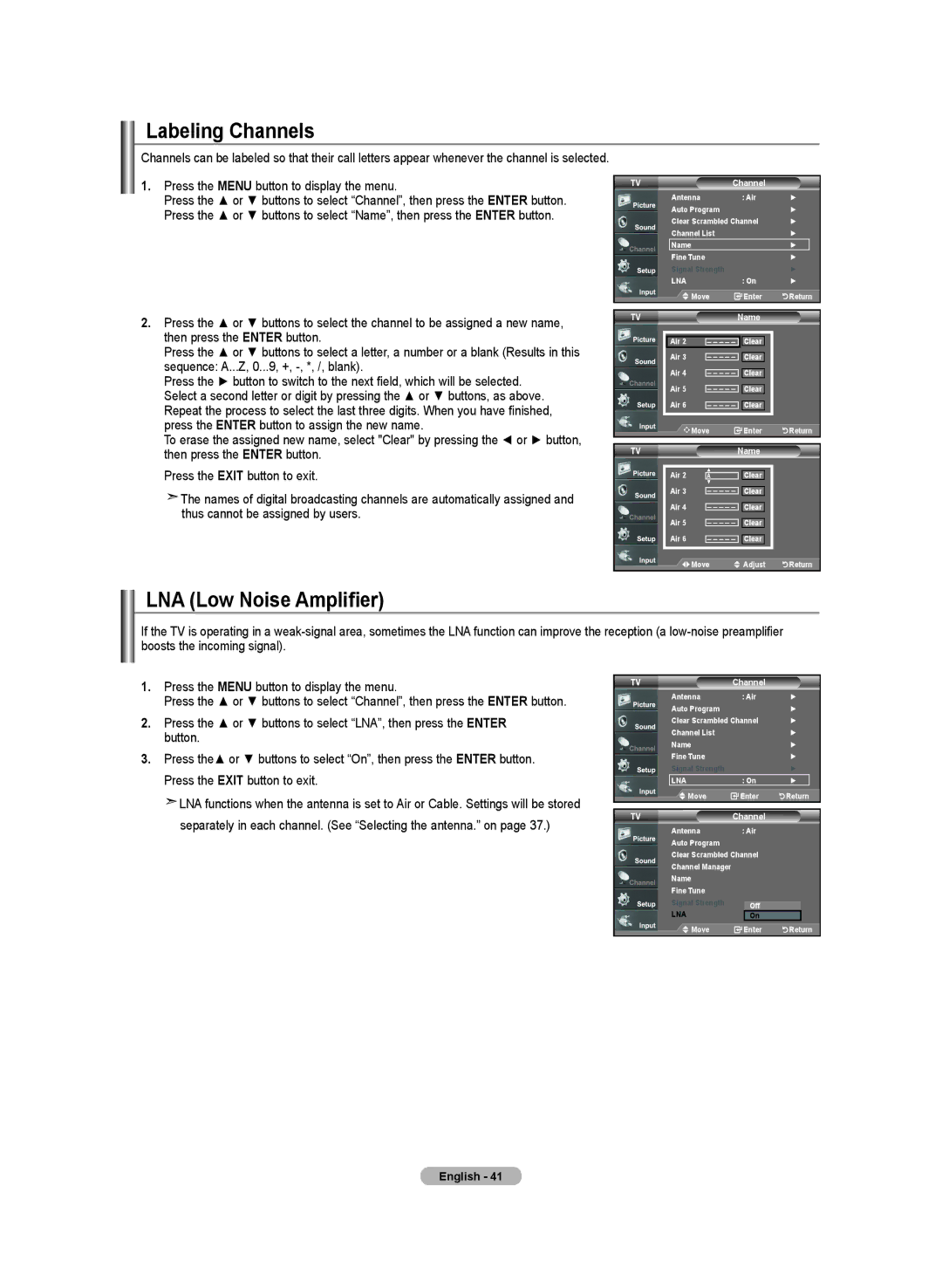 Samsung LN-T3732H, BN68-01250B-00, LN-T2332H, LN-T4032H manual Labeling Channels, LNA Low Noise Amplifier, TVName 