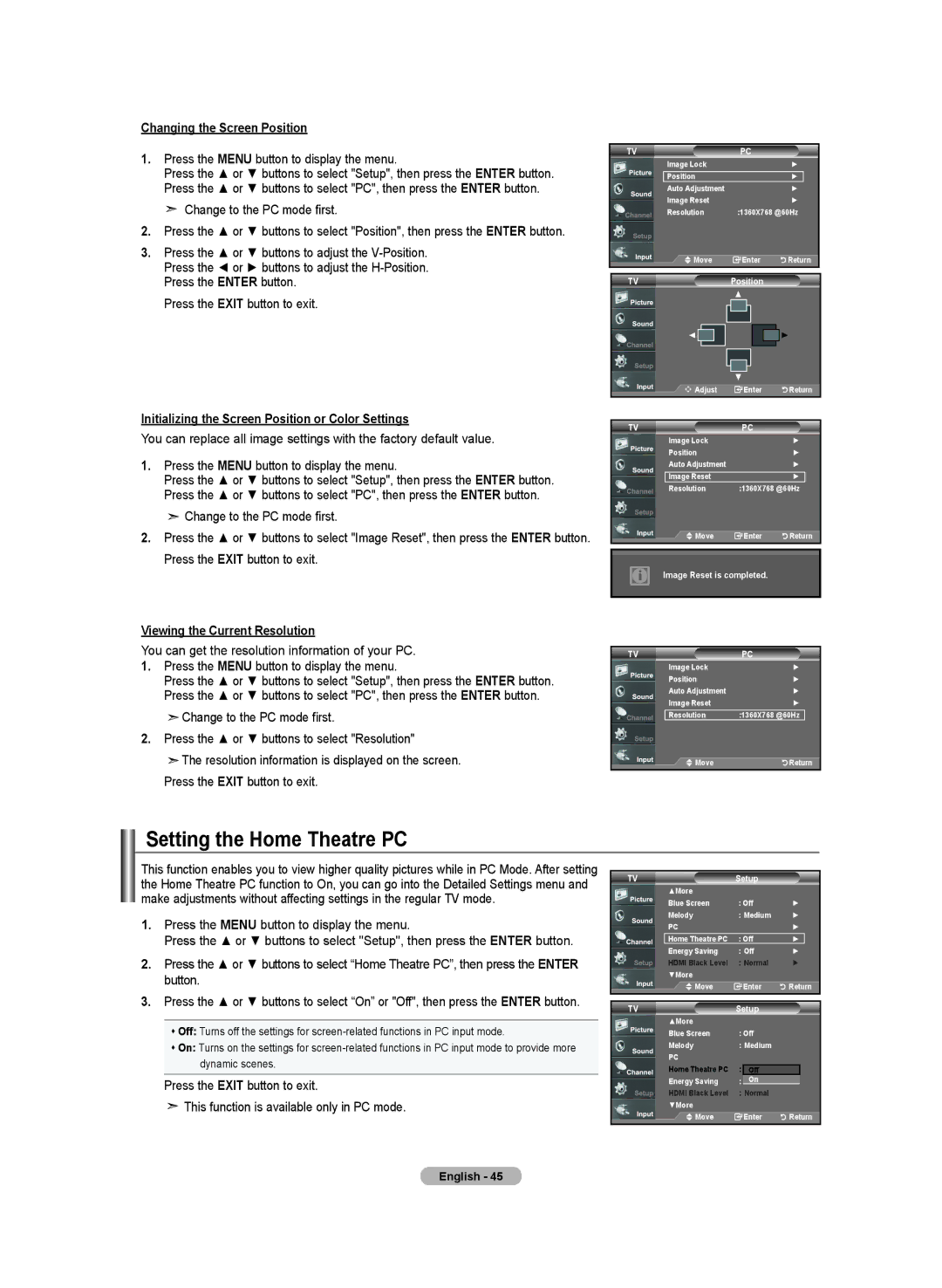 Samsung LN-T3732H, BN68-01250B-00 Setting the Home Theatre PC, Changing the Screen Position, Change to the PC mode first 