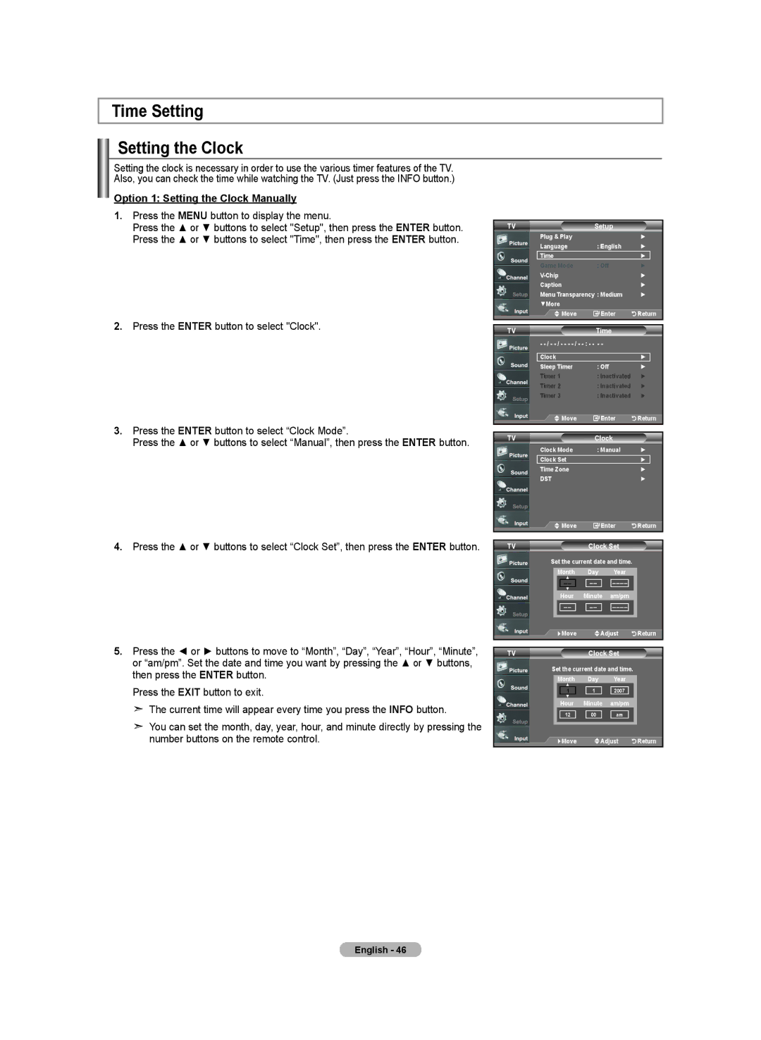 Samsung BN68-01250B-00, LN-T2332H, LN-T4032H Time Setting Setting the Clock, Option 1 Setting the Clock Manually, Clock Set 