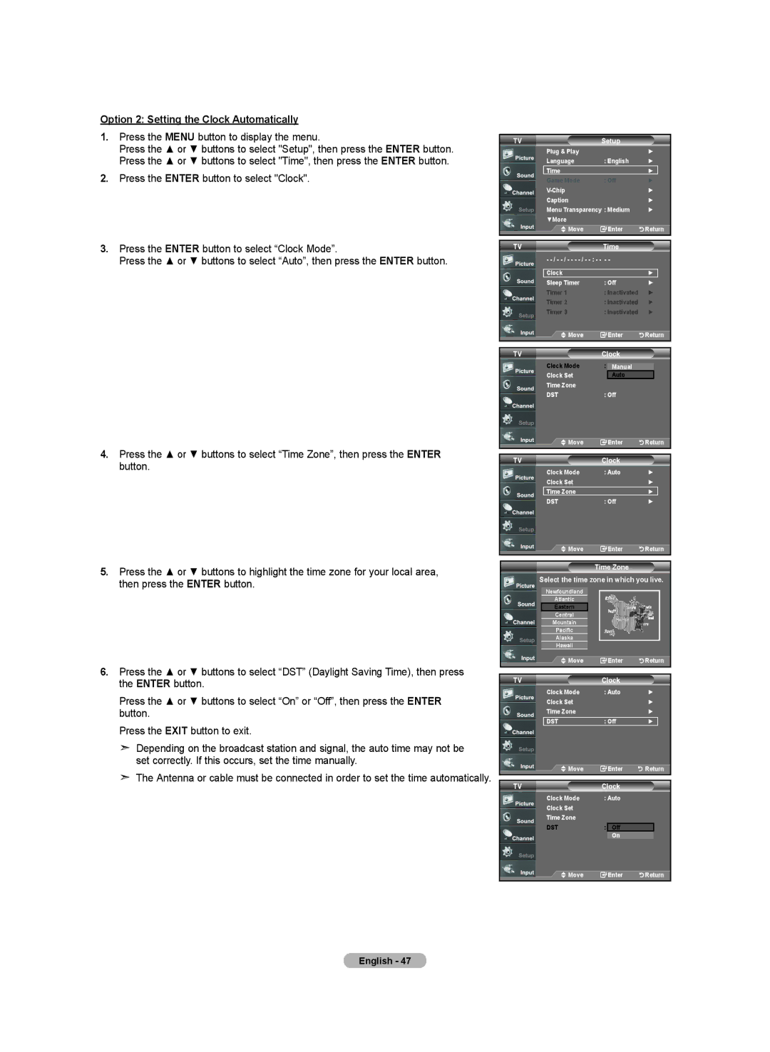 Samsung LN-T2332H, LN-T4032H Option 2 Setting the Clock Automatically, Time Zone Select the time zone in which you live 