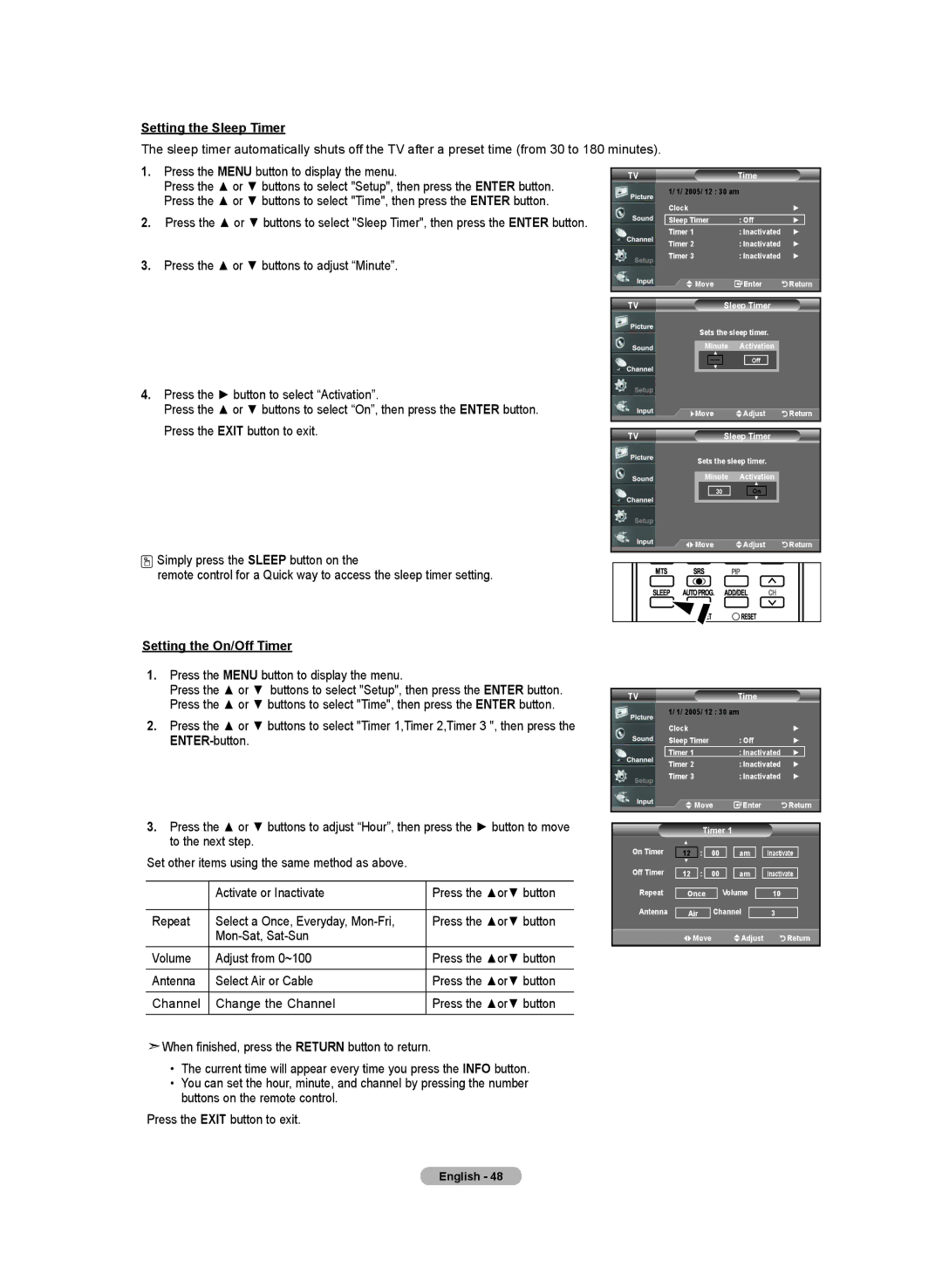 Samsung LN-T4032H, BN68-01250B-00, LN-T2332H, LN-T3732H manual Setting the Sleep Timer 