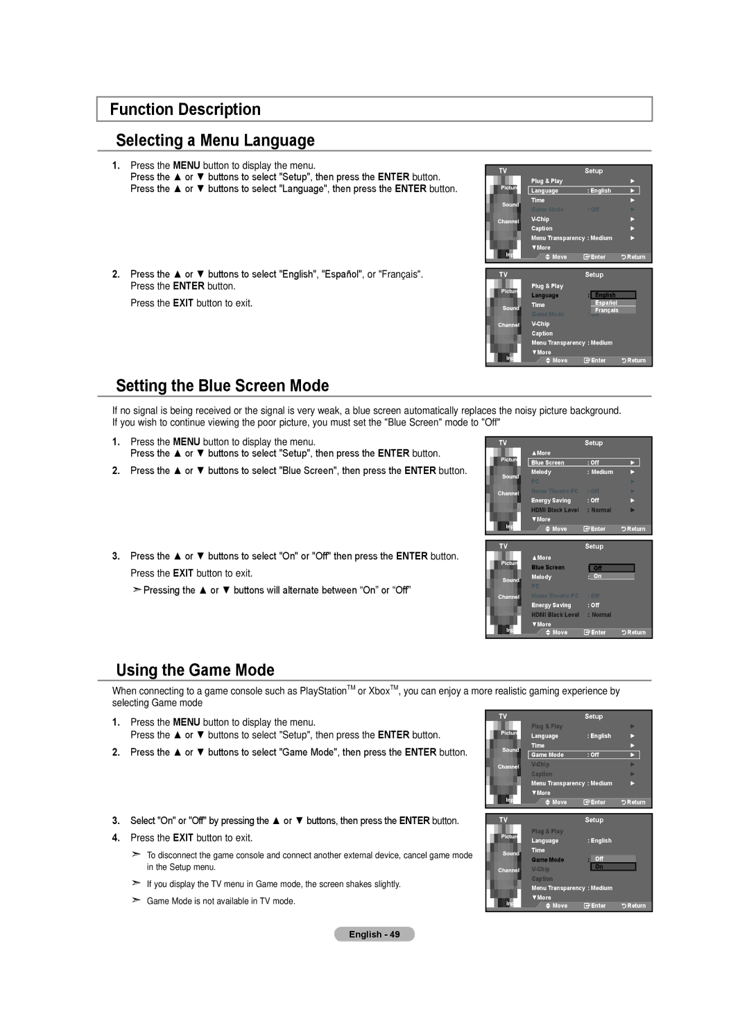 Samsung LN-T3732H manual Function Description Selecting a Menu Language, Setting the Blue Screen Mode, Using the Game Mode 