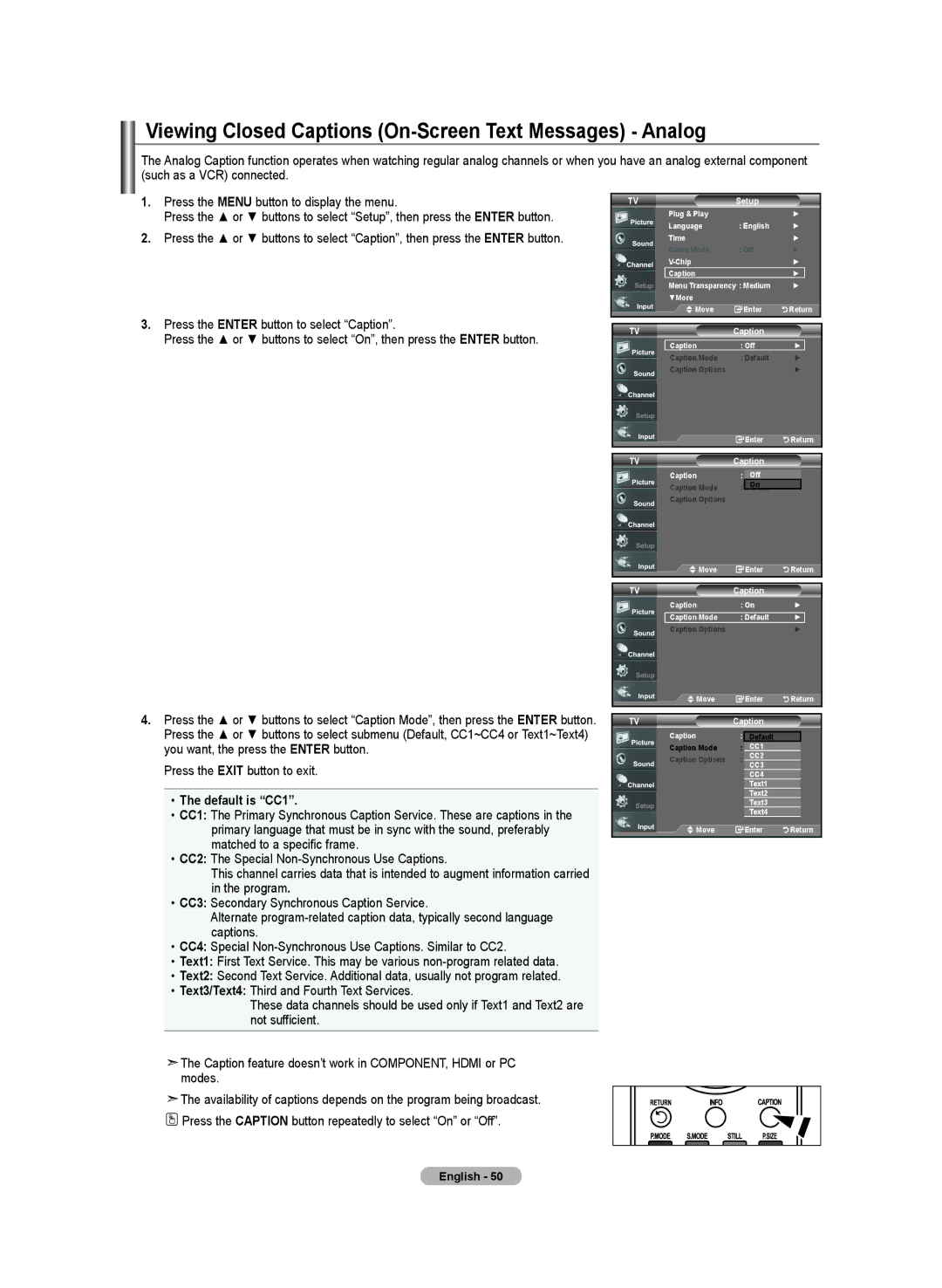 Samsung BN68-01250B-00, LN-T2332H, LN-T4032H manual Viewing Closed Captions On-Screen Text Messages Analog, Default is CC1 