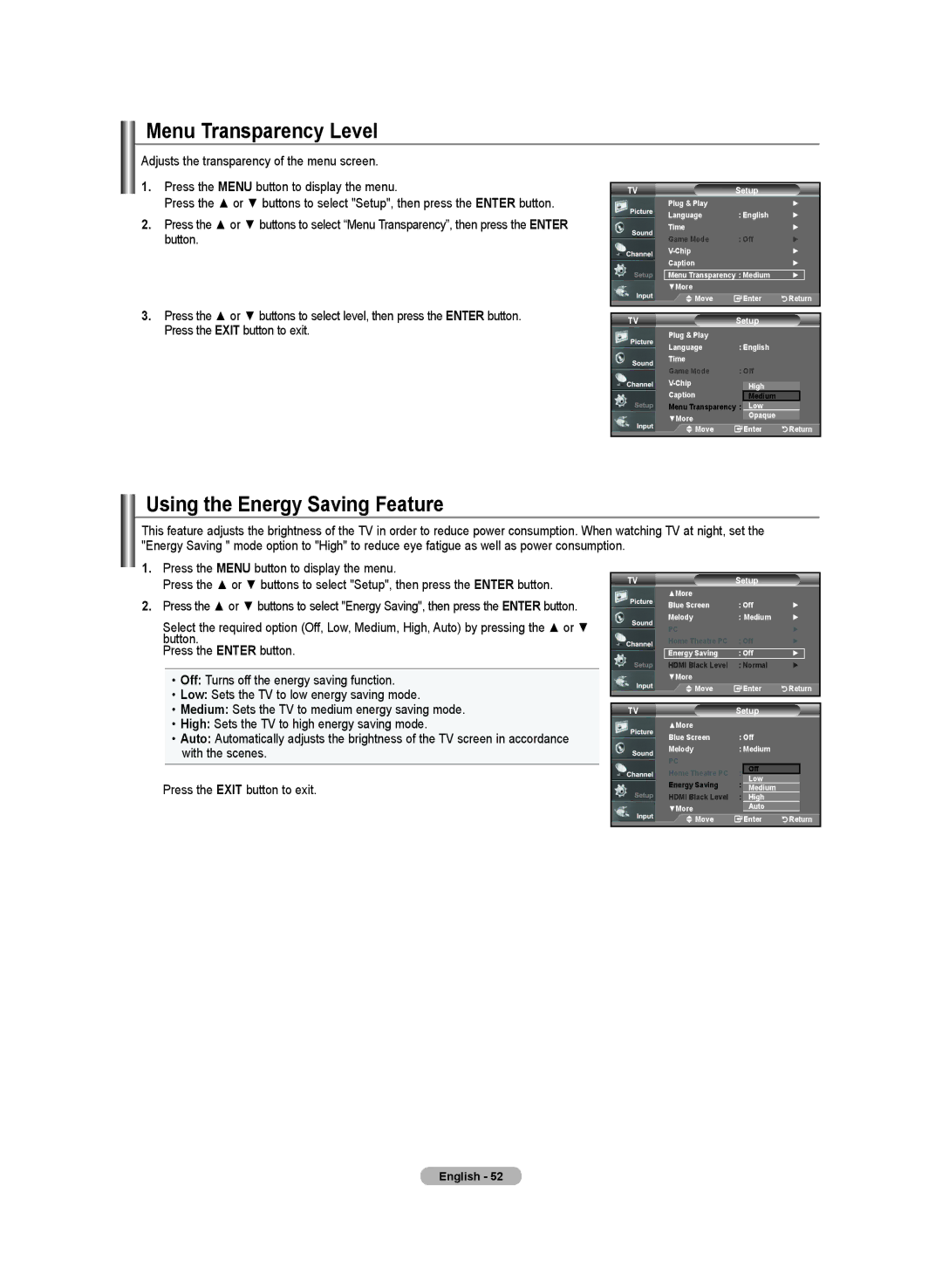 Samsung LN-T4032H, BN68-01250B-00, LN-T2332H, LN-T3732H manual Menu Transparency Level, Using the Energy Saving Feature 