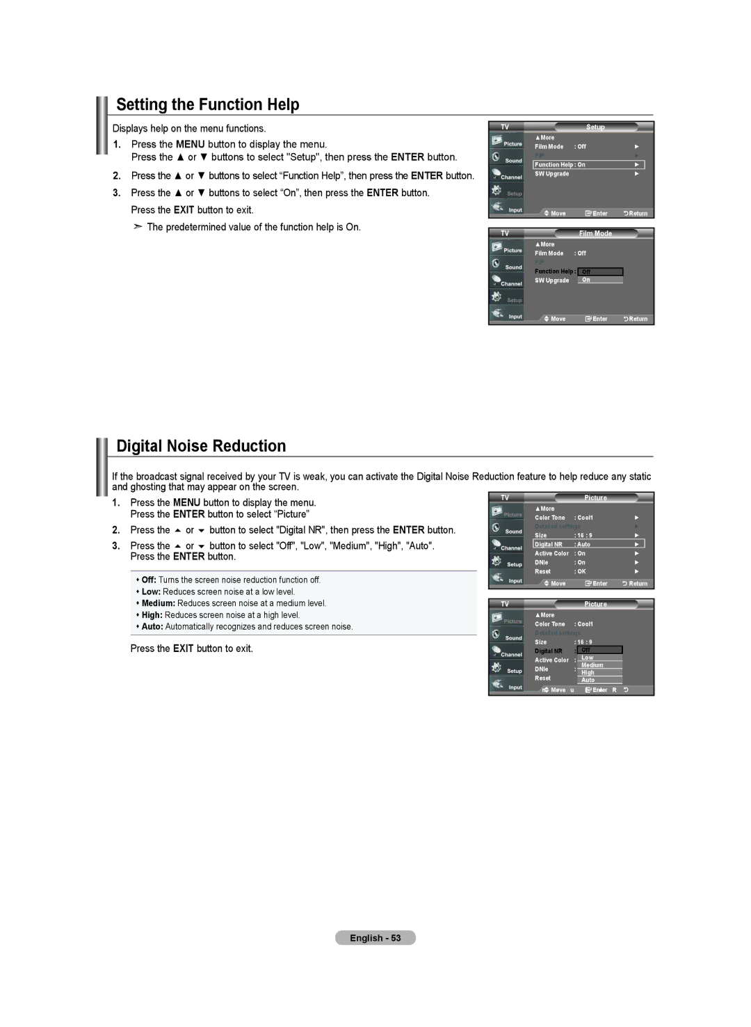 Samsung LN-T3732H, BN68-01250B-00, LN-T2332H, LN-T4032H manual Setting the Function Help, Digital Noise Reduction 