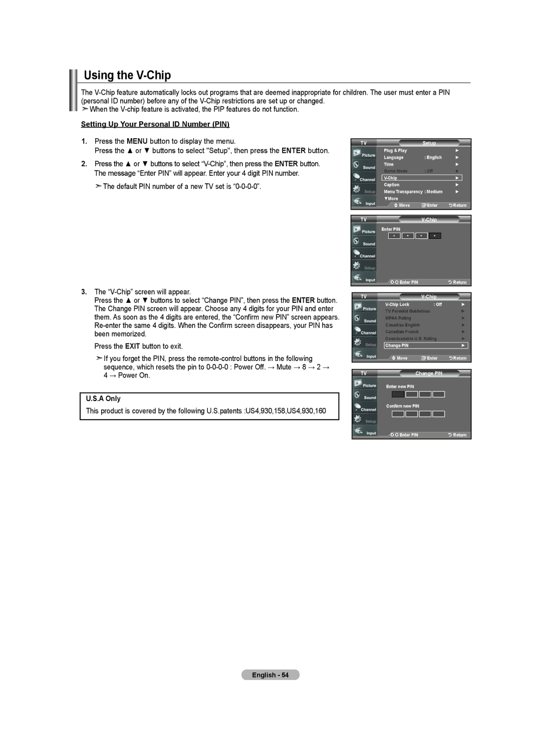 Samsung BN68-01250B-00, LN-T2332H, LN-T4032H, LN-T3732H manual Using the V-Chip, Setting Up Your Personal ID Number PIN 