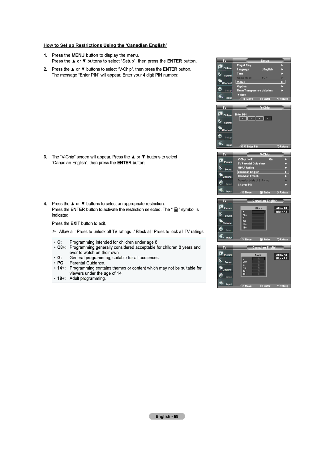 Samsung BN68-01250B-00, LN-T2332H, LN-T4032H, LN-T3732H manual How to Set up Restrictions Using the ‘Canadian English’ 