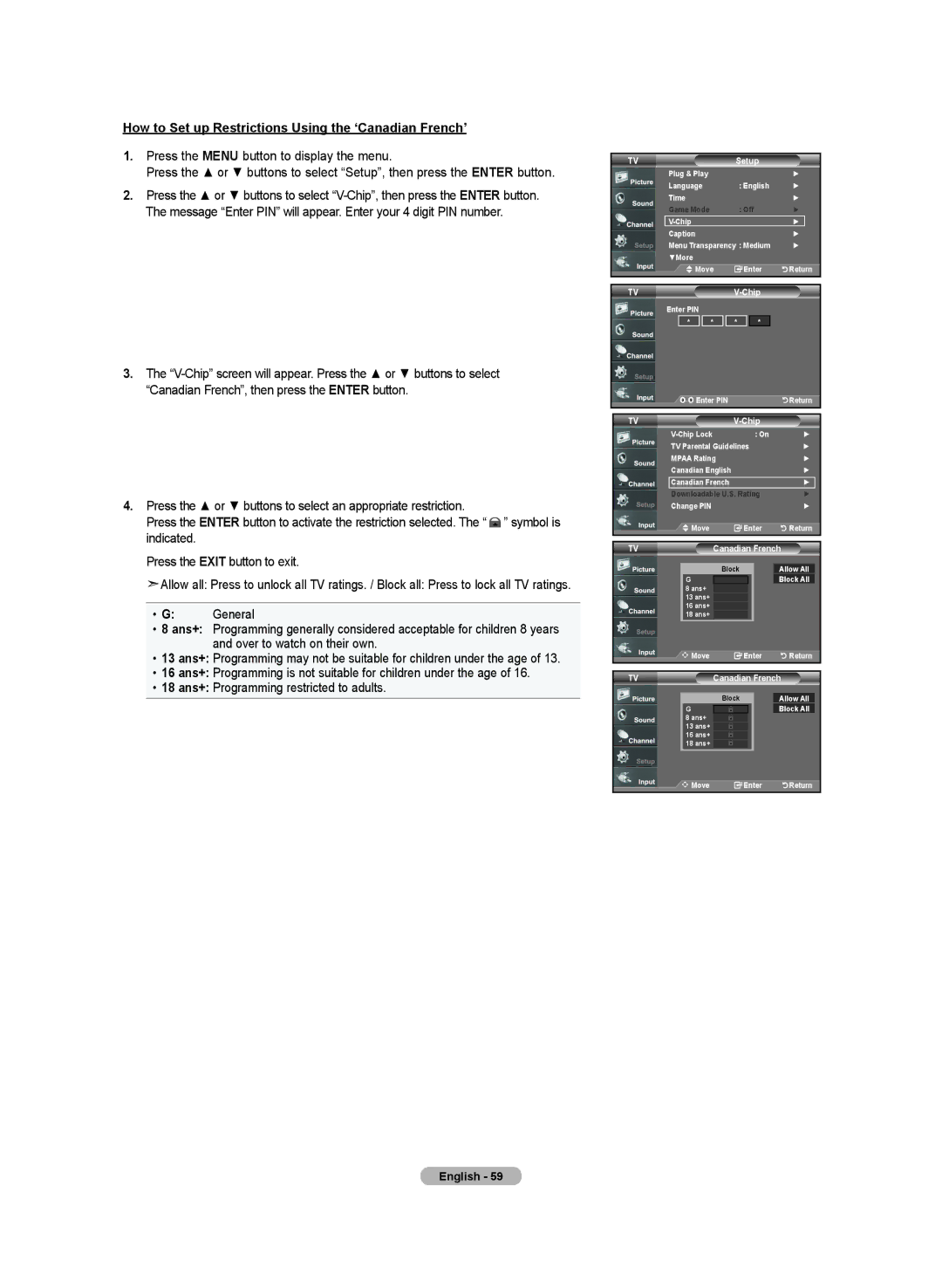 Samsung LN-T2332H, BN68-01250B-00, LN-T4032H, LN-T3732H manual How to Set up Restrictions Using the ‘Canadian French’ 