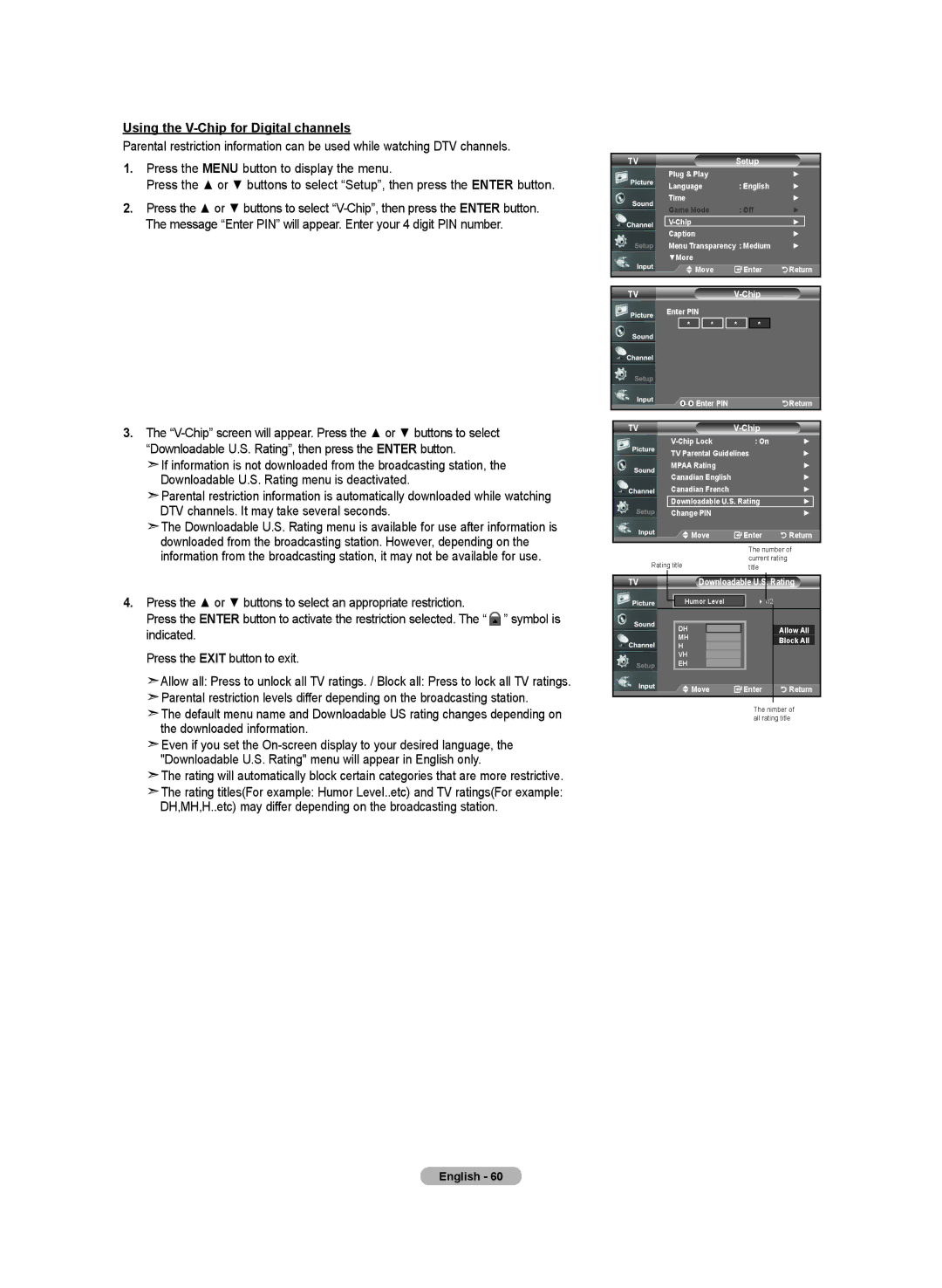 Samsung LN-T4032H, BN68-01250B-00, LN-T2332H, LN-T3732H manual Using the V-Chip for Digital channels 