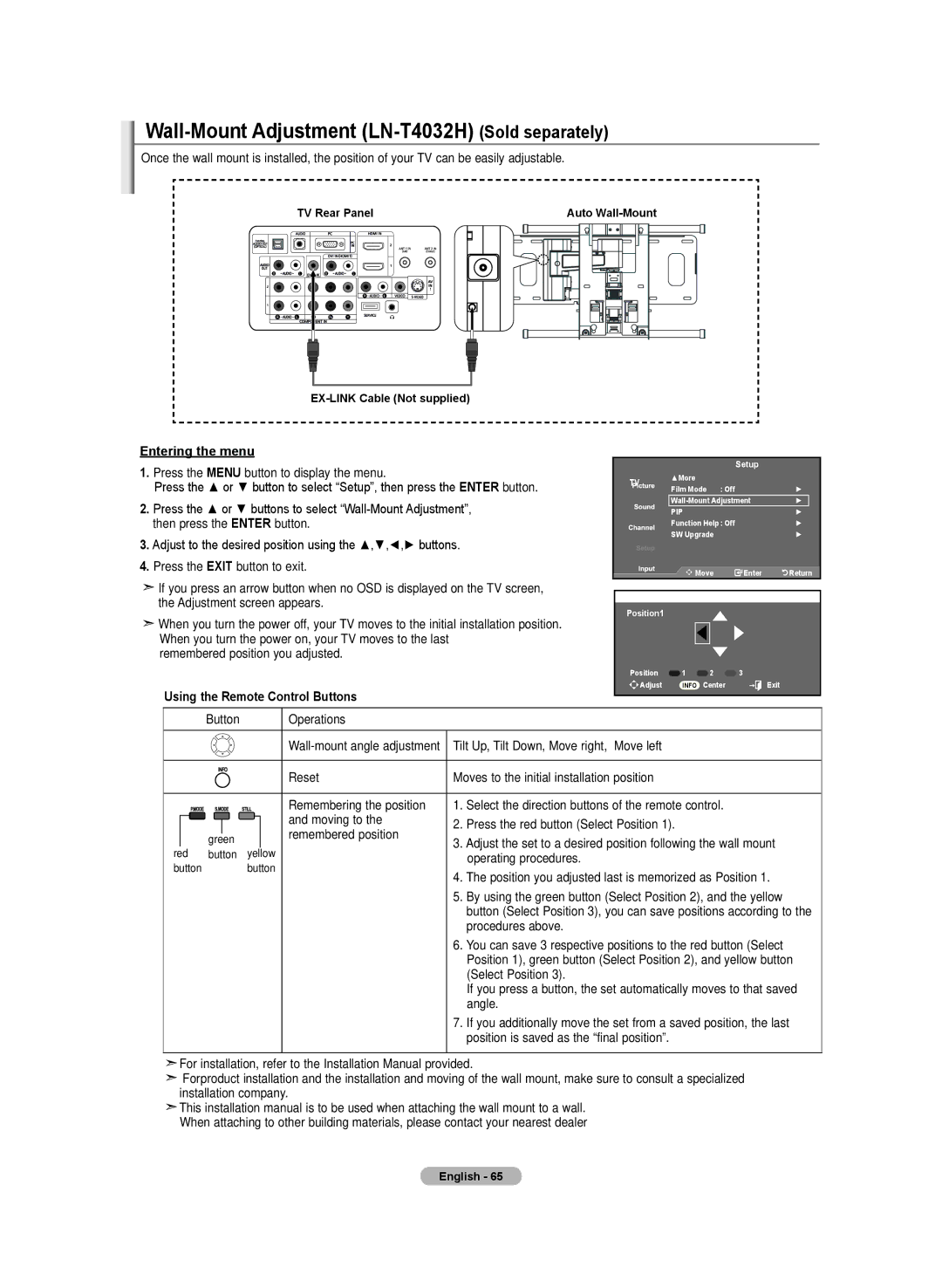 Samsung LN-T3732H Wall-Mount Adjustment LN-T4032H Sold separately, Entering the menu, Using the Remote Control Buttons 