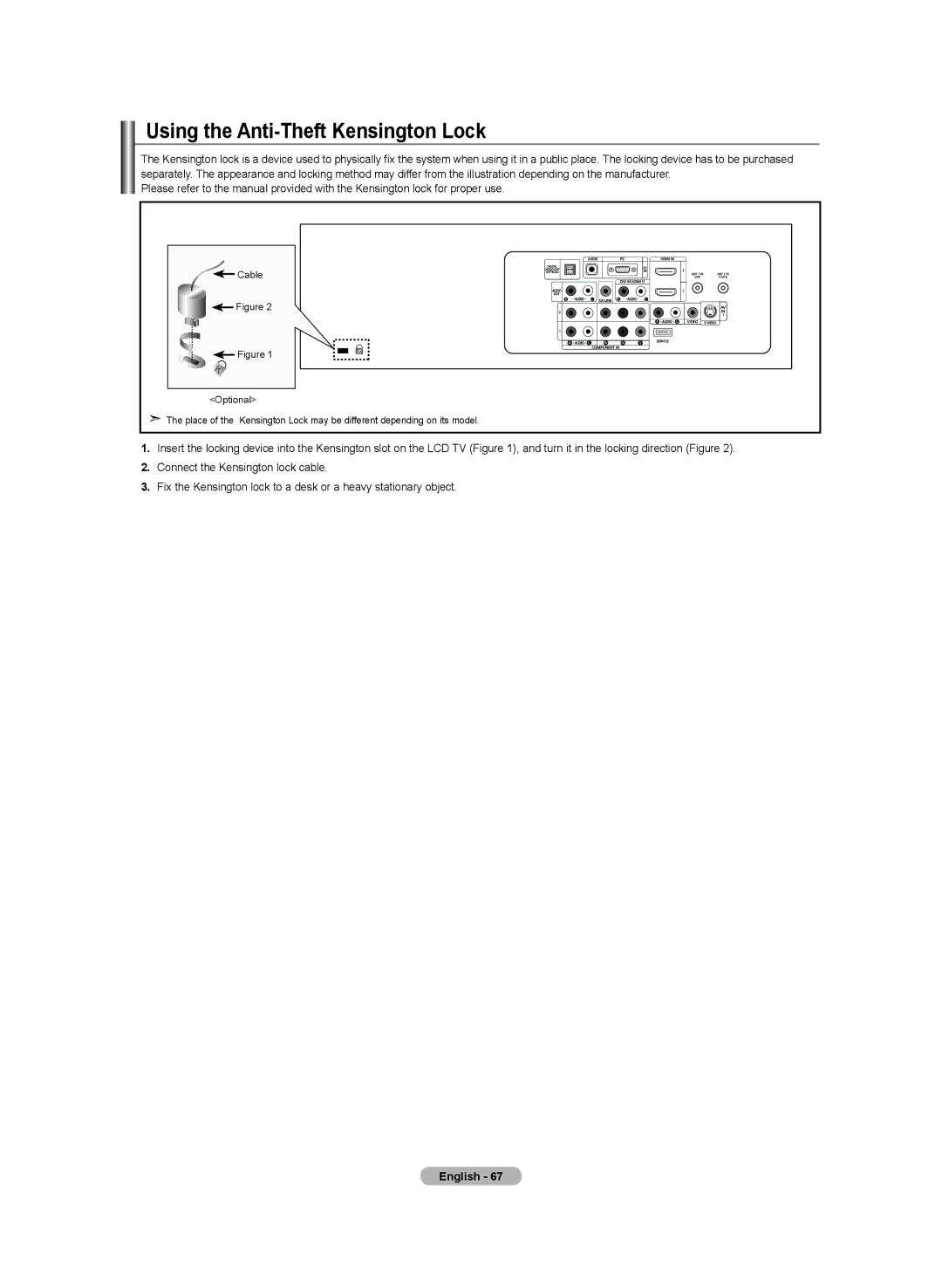 Samsung LN-T2332H, BN68-01250B-00, LN-T4032H, LN-T3732H manual Using the Anti-Theft Kensington Lock 