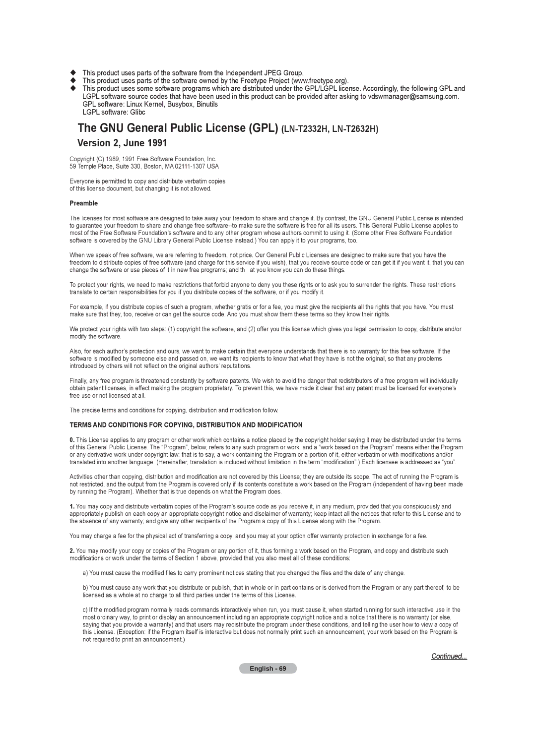 Samsung LN-T3732H, BN68-01250B-00, LN-T4032H manual GNU General Public License GPL LN-T2332H,LN-T2632H, Version 2, June 