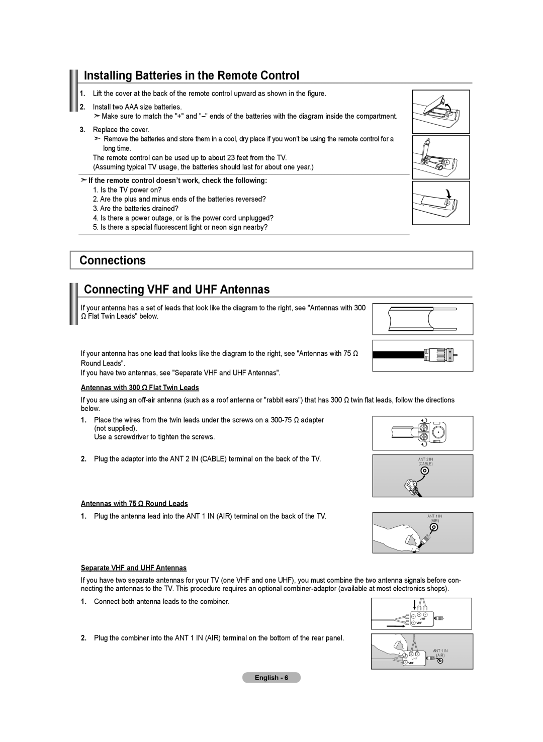 Samsung BN68-01250B-00, LN-T2332H Installing Batteries in the Remote Control, Connections Connecting VHF and UHF Antennas 