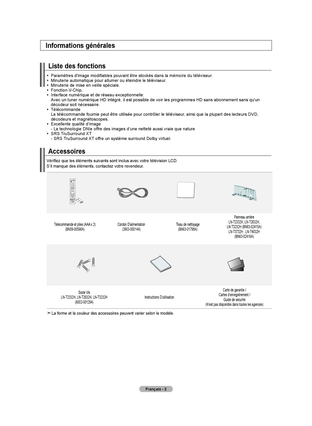 Samsung BN68-01250B-00, LN-T2332H manual Informations générales Liste des fonctions, Accessoires, Instructions D’utilisation 