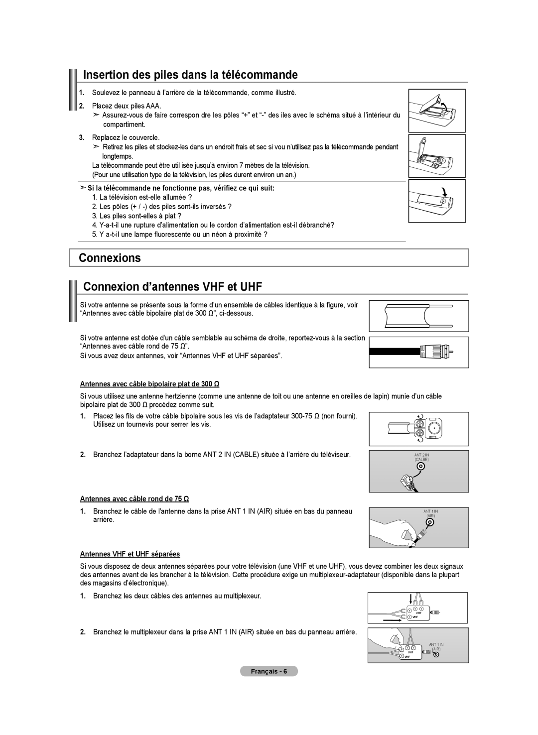 Samsung BN68-01250B-00, LN-T2332H Insertion des piles dans la télécommande, Connexions Connexion d’antennes VHF et UHF 