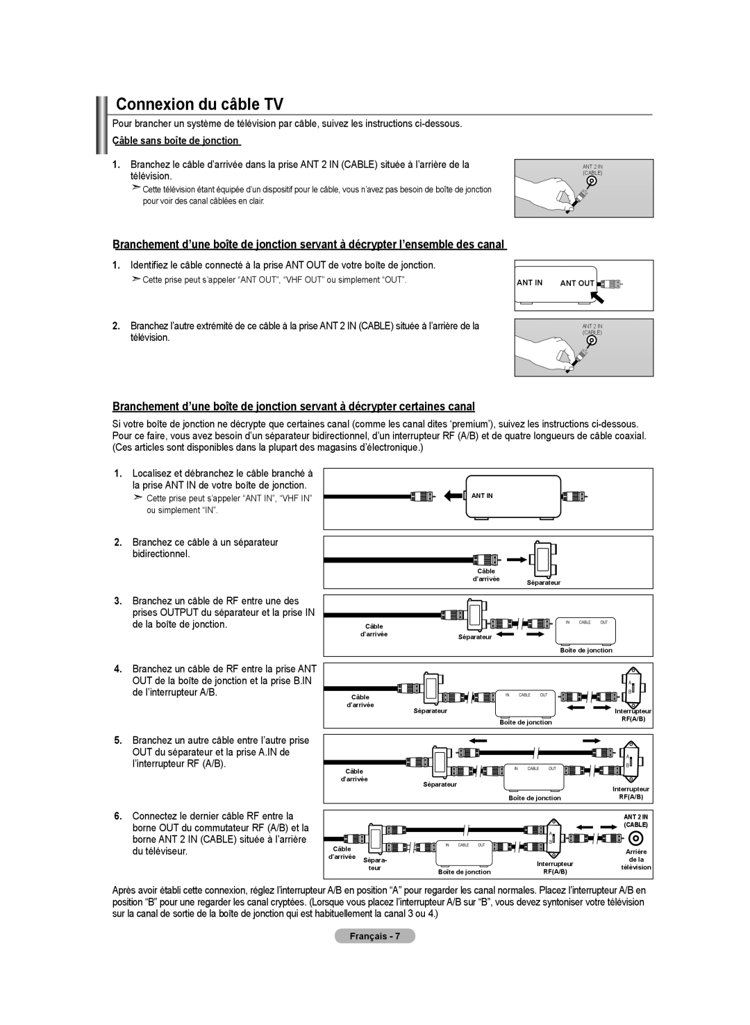 Samsung LN-T2332H, BN68-01250B-00, LN-T4032H, LN-T3732H manual Connexion du câble TV, Câble sans boîte de jonction 