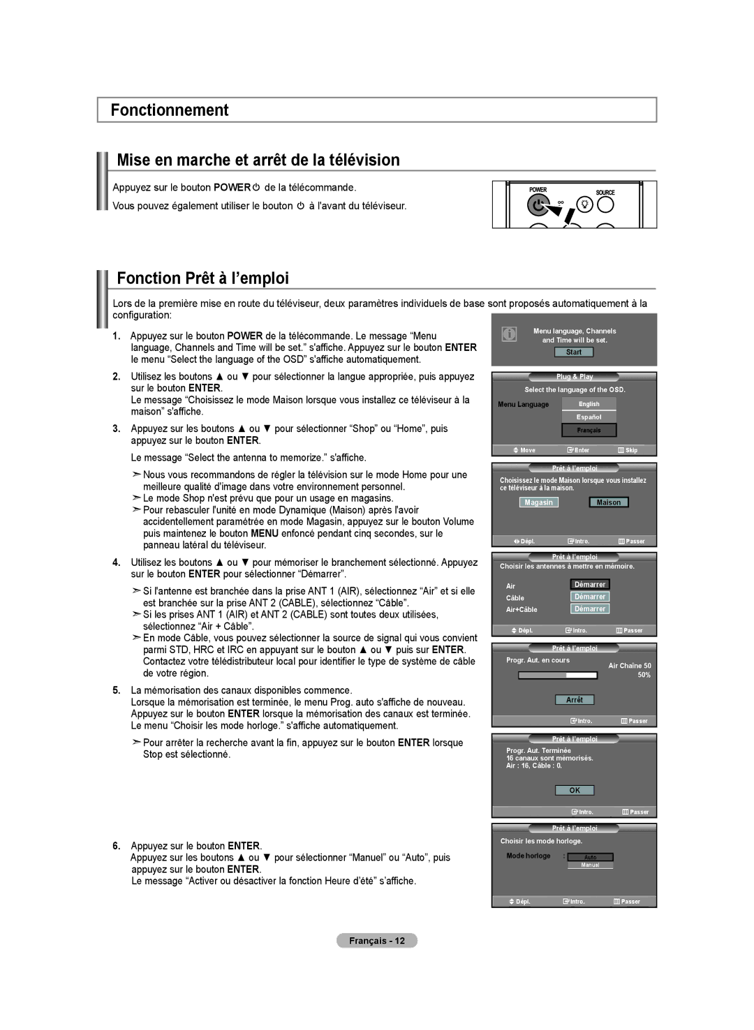 Samsung LN-T4032H, BN68-01250B-00 manual Fonctionnement Mise en marche et arrêt de la télévision, Fonction Prêt à l’emploi 