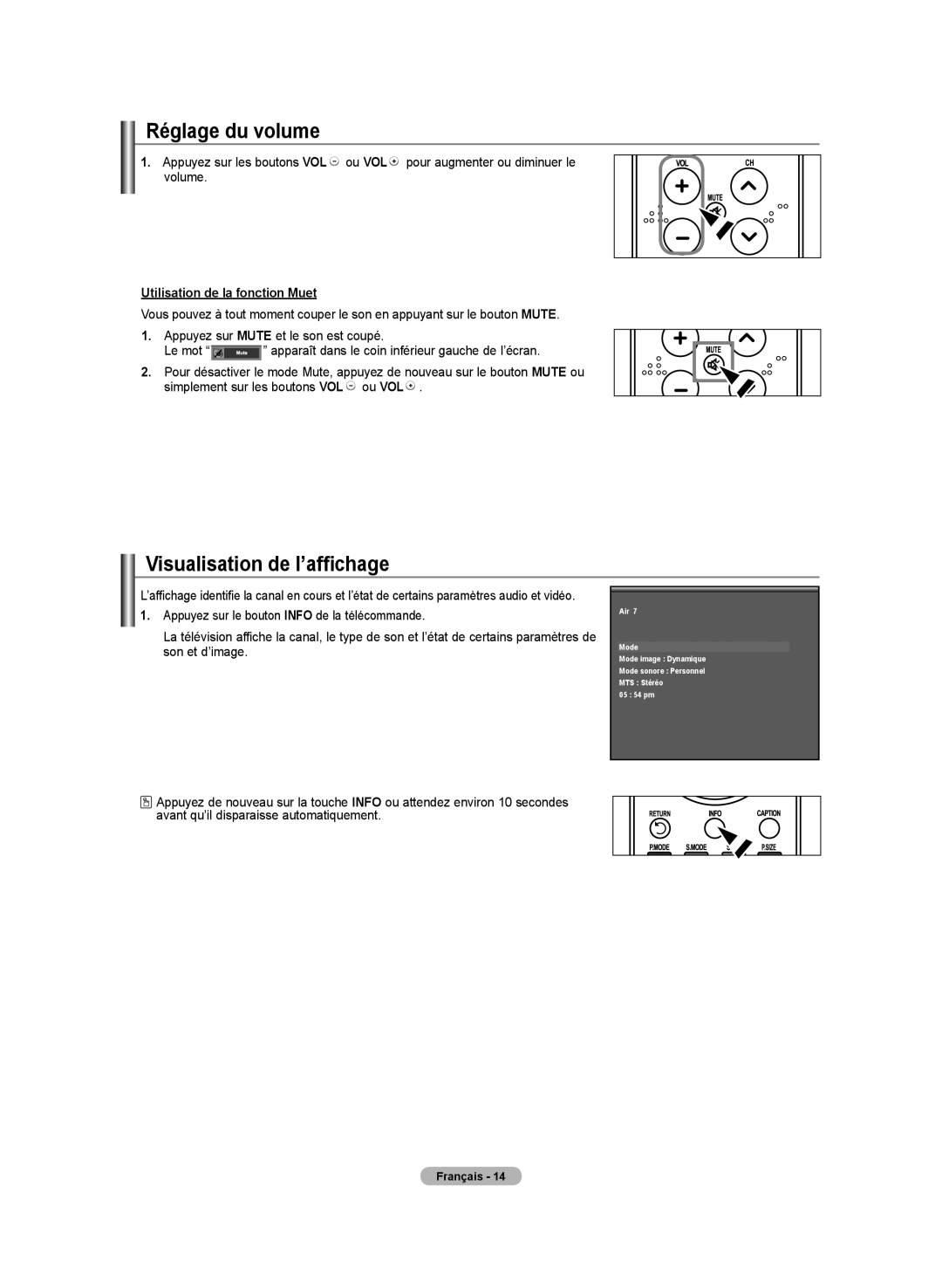 Samsung BN68-01250B-00, LN-T2332H manual Réglage du volume, Visualisation de l’affichage, Utilisation de la fonction Muet 