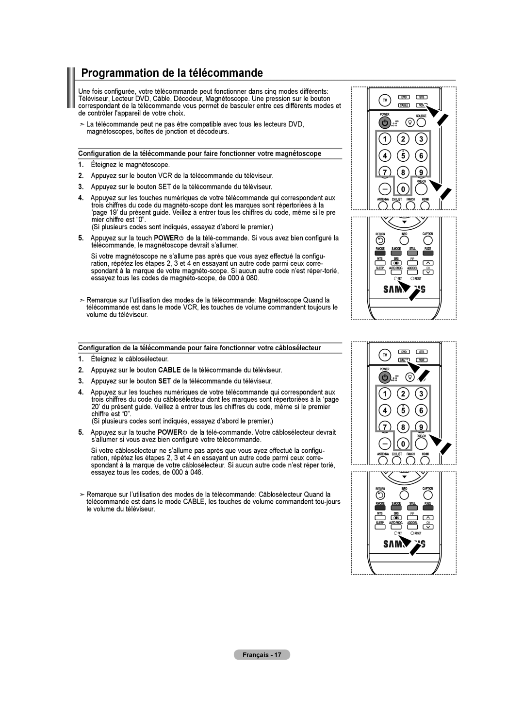 Samsung LN-T3732H, BN68-01250B-00, LN-T2332H, LN-T4032H manual Programmation de la télécommande 