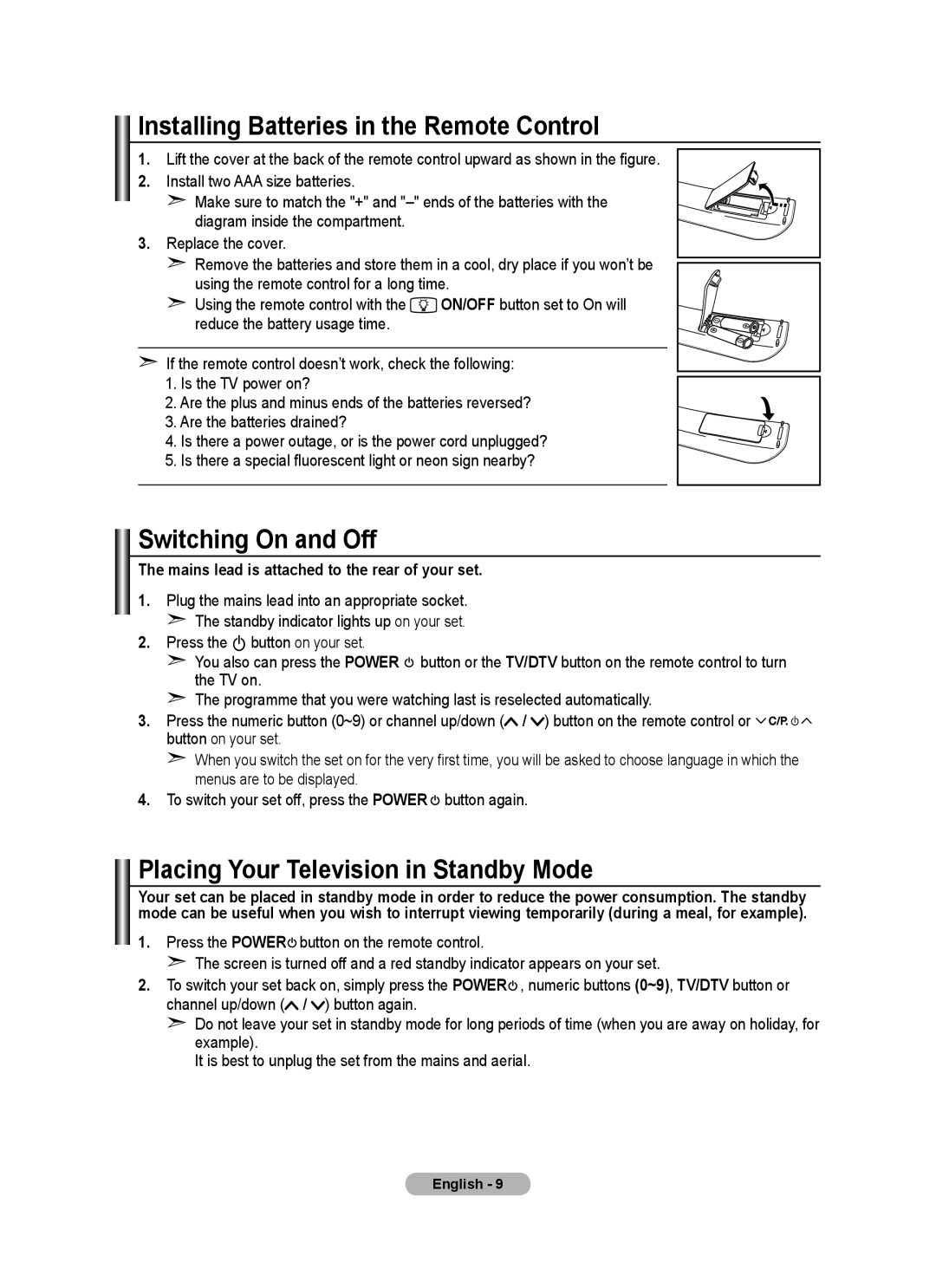 Samsung BN68-01412D-00 user manual Installing Batteries in the Remote Control, Switching On and Off 