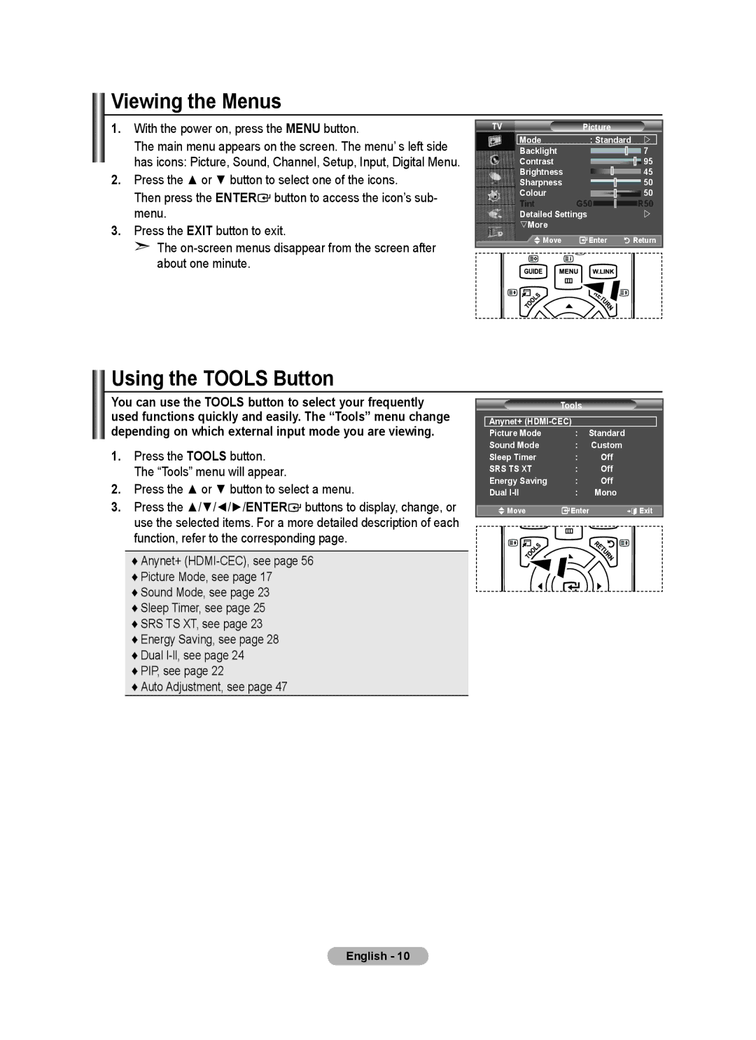 Samsung BN68-01412D-00 user manual Viewing the Menus, Using the Tools Button, With the power on, press the Menu button 