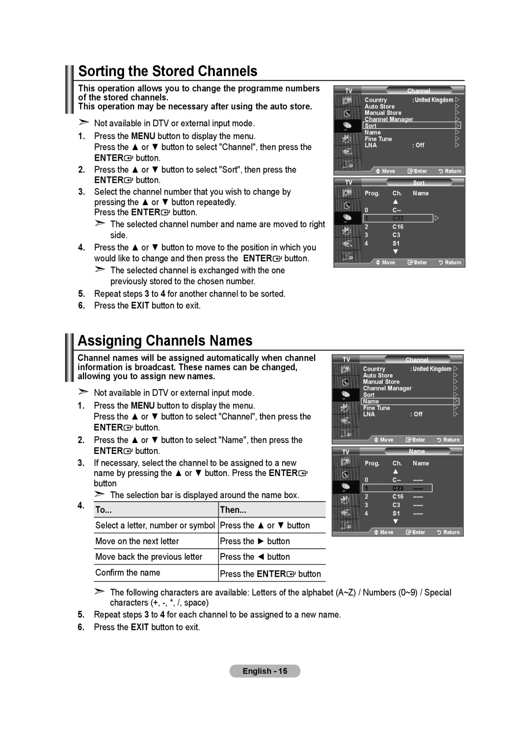 Samsung BN68-01412D-00 user manual Sorting the Stored Channels, Assigning Channels Names, Then, Press the or button 