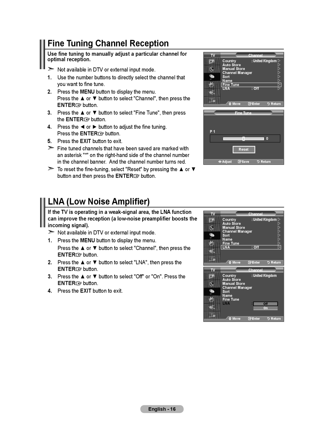 Samsung BN68-01412D-00 Fine Tuning Channel Reception, LNA Low Noise Amplifier, Enter button Press the Exit button to exit 