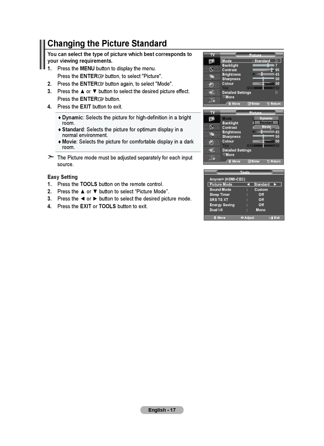 Samsung BN68-01412D-00 Changing the Picture Standard, Press the Enter button again, to select Mode, Easy Setting 