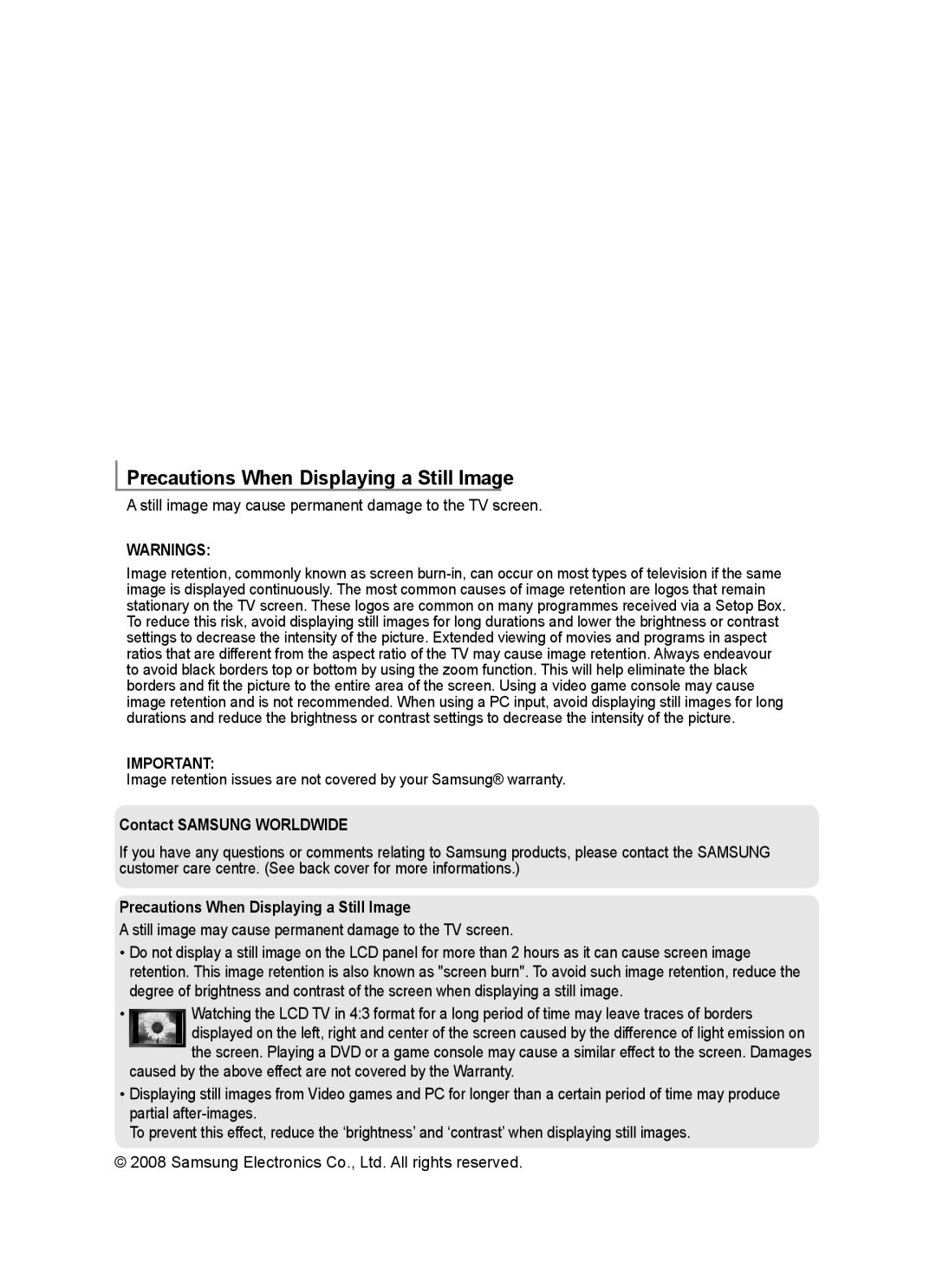 Samsung BN68-01412D-00 user manual Still image may cause permanent damage to the TV screen, Contact Samsung Worldwide 