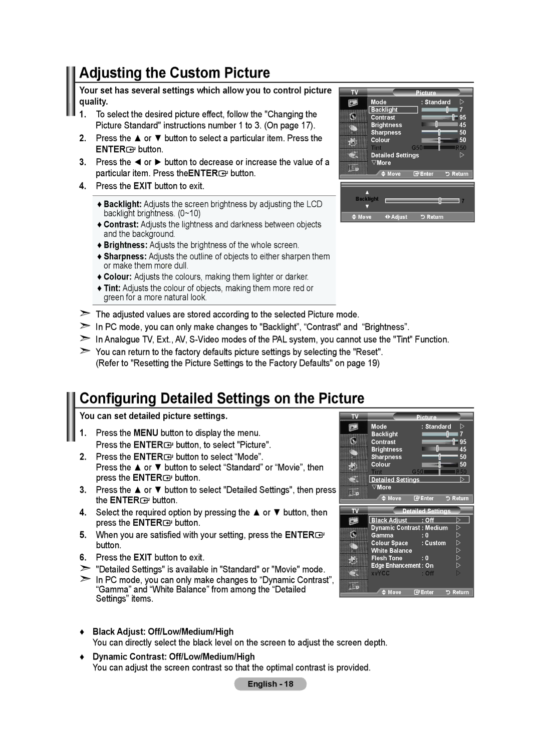 Samsung BN68-01412D-00 user manual Adjusting the Custom Picture, Configuring Detailed Settings on the Picture 