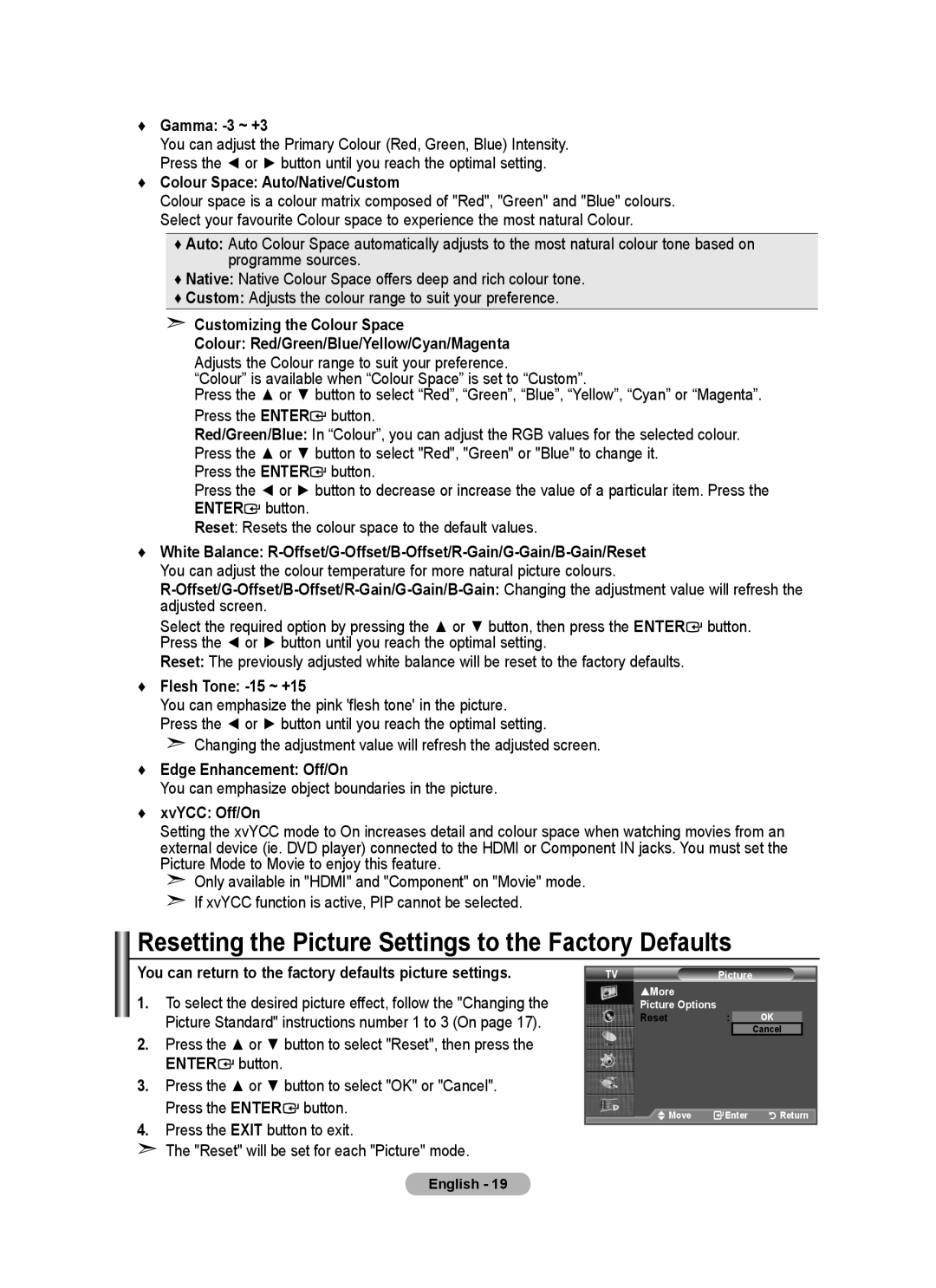 Samsung BN68-01412D-00 user manual Resetting the Picture Settings to the Factory Defaults 