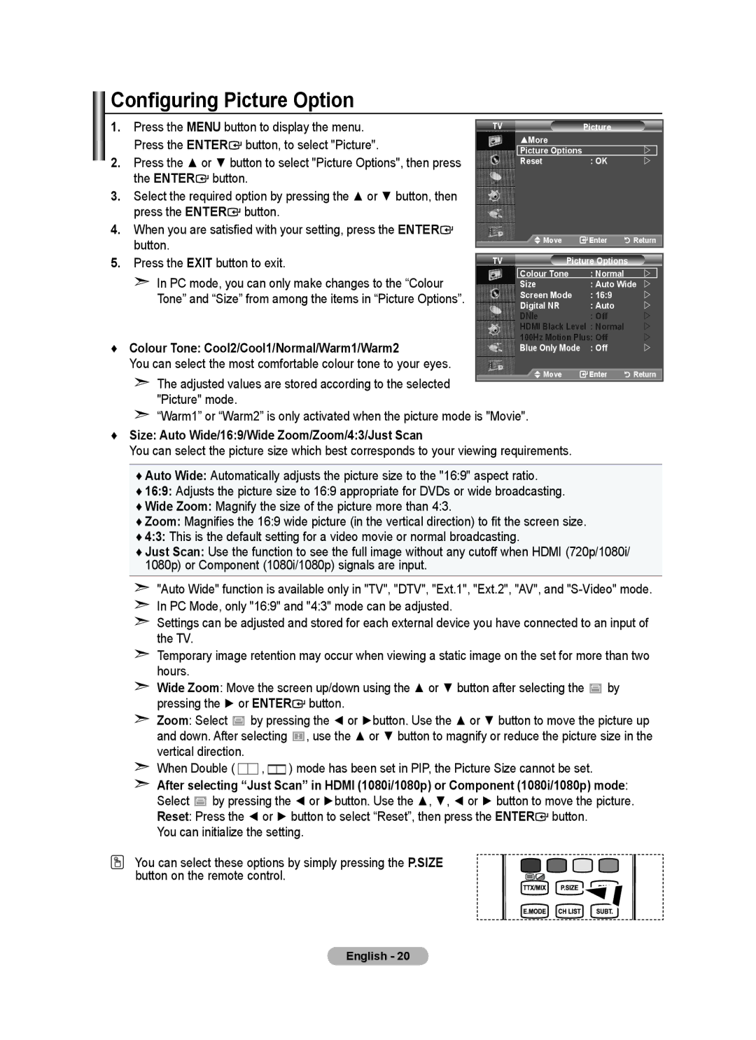 Samsung BN68-01412D-00 user manual Configuring Picture Option, Enter, Size Auto Wide/169/Wide Zoom/Zoom/43/Just Scan 