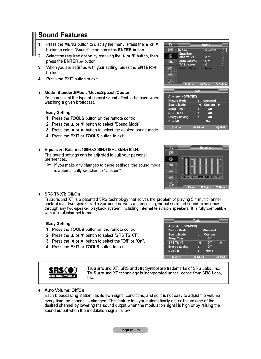 Samsung BN68-01412D-00 Sound Features, Mode Standard/Music/Movie/Speech/Custom, SRS TS XT Off/On, Auto Volume Off/On 