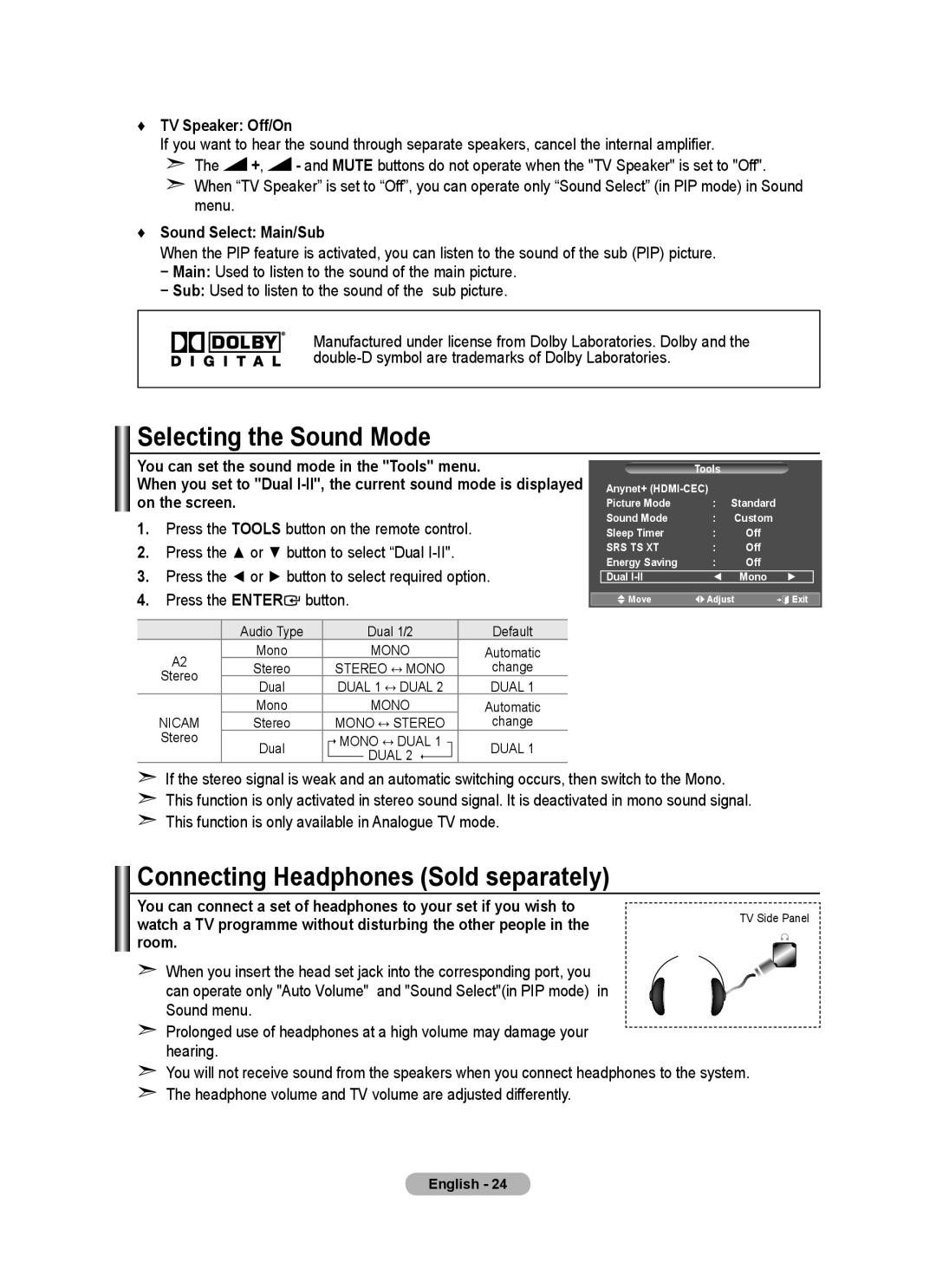 Samsung BN68-01412D-00 user manual Selecting the Sound Mode, Connecting Headphones Sold separately 