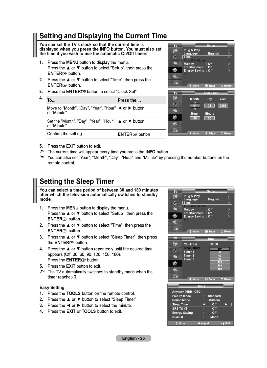 Samsung BN68-01412D-00 user manual Setting and Displaying the Current Time, Setting the Sleep Timer, Press, Enter button 