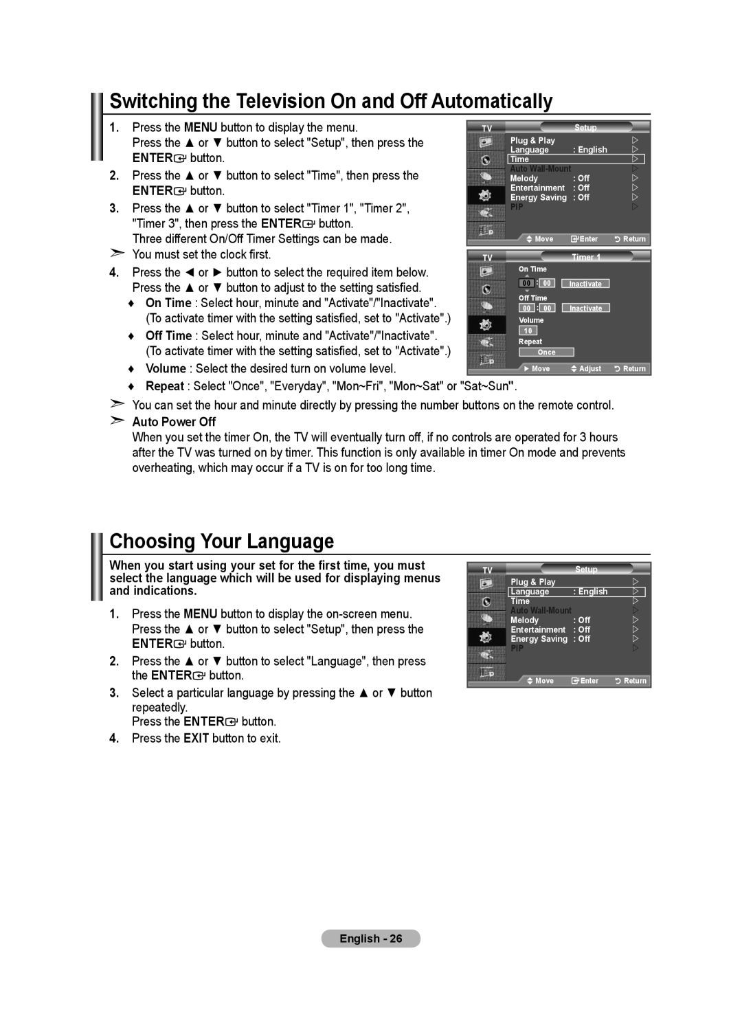 Samsung BN68-01412D-00 Switching the Television On and Off Automatically, Choosing Your Language, Auto Power Off 