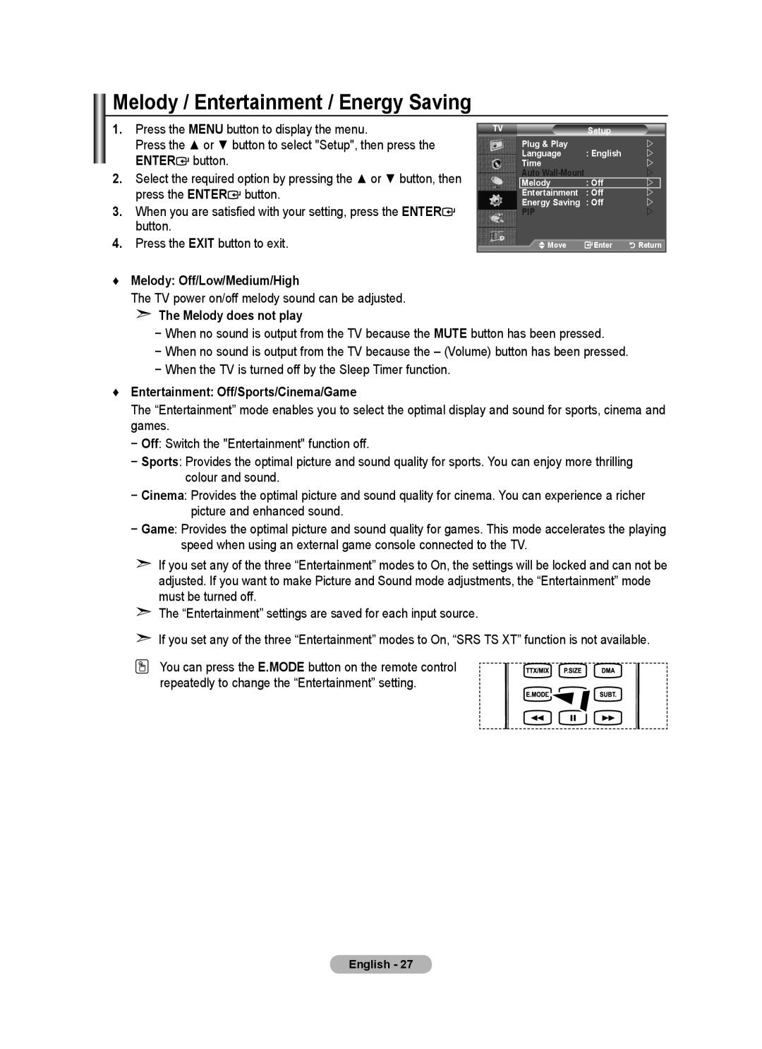 Samsung BN68-01412D-00 user manual Melody / Entertainment / Energy Saving, Melody Off/Low/Medium/High, Melody does not play 